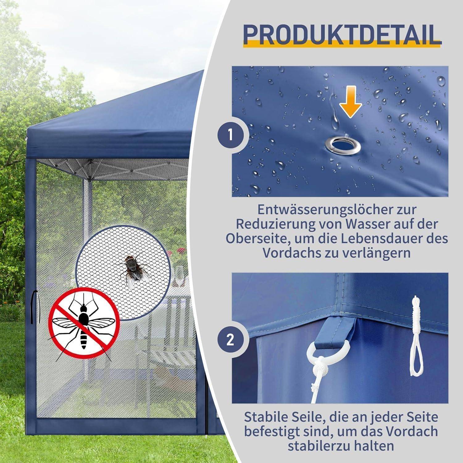 Produktdetailgrafik für ein blaues Baldachindach, das Drainagelöcher oben und Seitenseile zeigt, die das Baldachindach stabil halten, mit Moskitonetz und Insektenwarnsymbol.