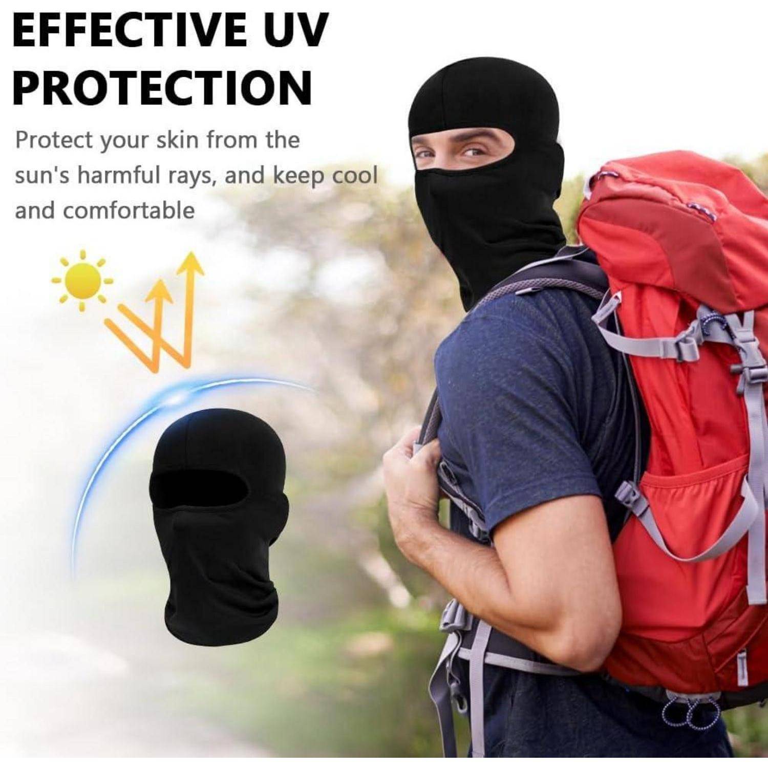 Werbebild eines Wanderers, der eine schwarze UV-Gesichtsmaske unter einem roten Rucksack trägt, mit dem Text: „EFFEKTIVER UV-SCHUTZ