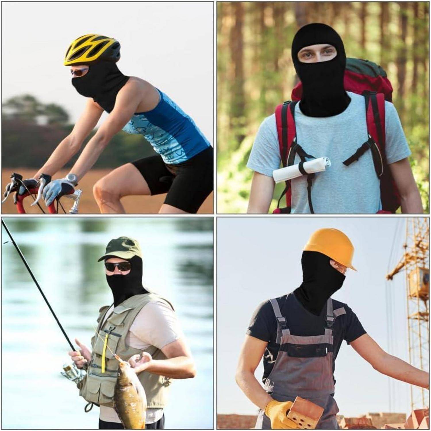 Vier maskierte Personen bei Outdoor-Aktivitäten: Radfahrer, Wanderer, Angler und Bauarbeiter, alle tragen Gesichtsmasken und Kopfbedeckungen.