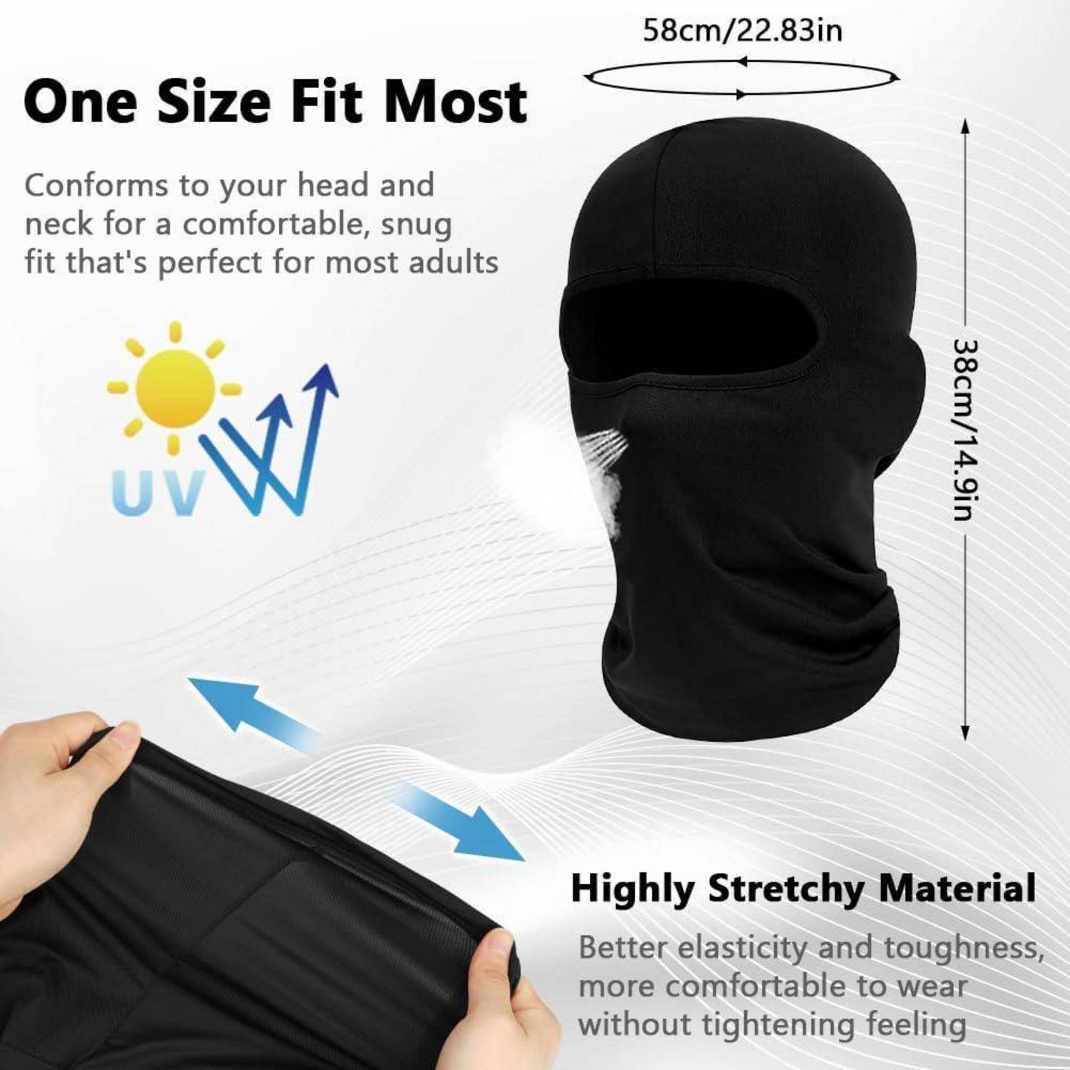 Schwarze Stretchbalaclava mit Einheitsgröße, UV-Schutz und hochelastischem Material; Maße werden mit 58 cm Breite und 38 cm Höhe angegeben.