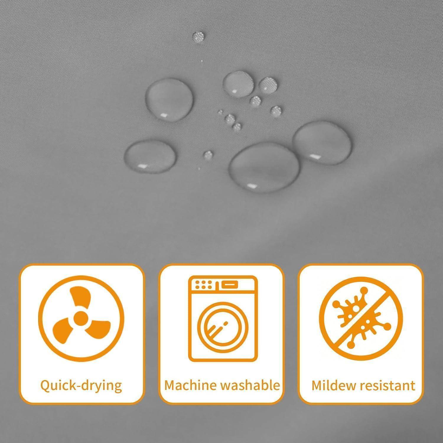 Wassertropfen perlen auf einem grauen Stoff ab, mit Symbolen, die schnelle Trocknung, Maschinenwäsche und Schimmelresistenz zeigen.