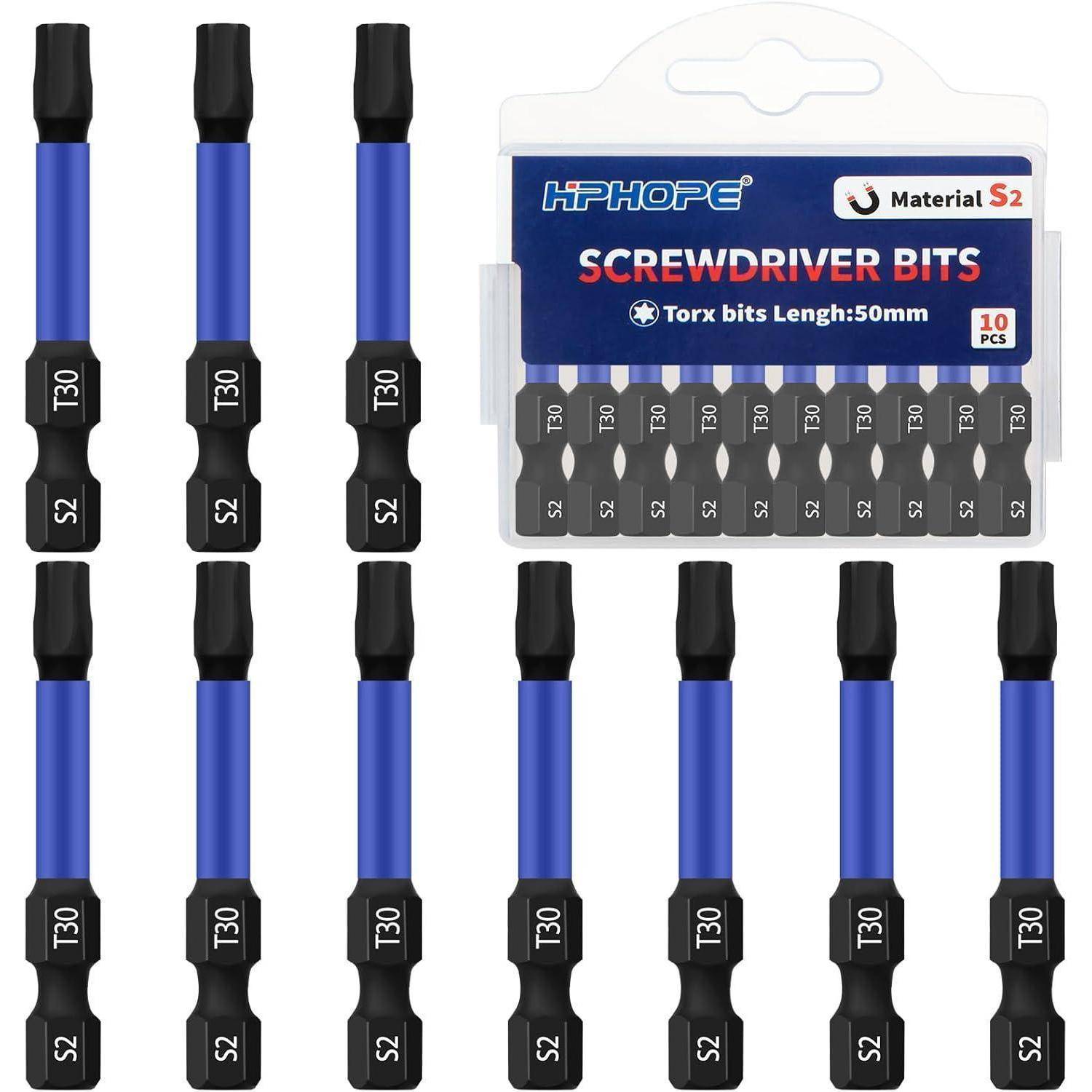 Paket mit 10 blau-schwarzen Torx-Schraubendreher-Bits mit der Bezeichnung „S2