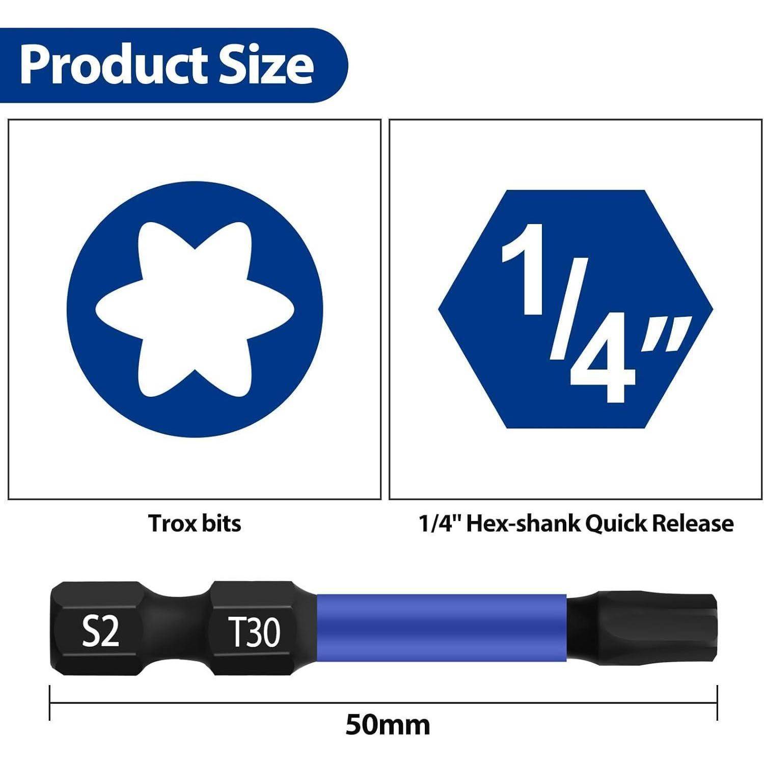 Produktgrößendiagramm für einen Trox-Bit, das eine 1/4-Zoll-Sechskantschaft mit Schnellfreigabe und 50 mm Länge zeigt, mit S2- und T30-Markierungen auf dem Werkzeug.