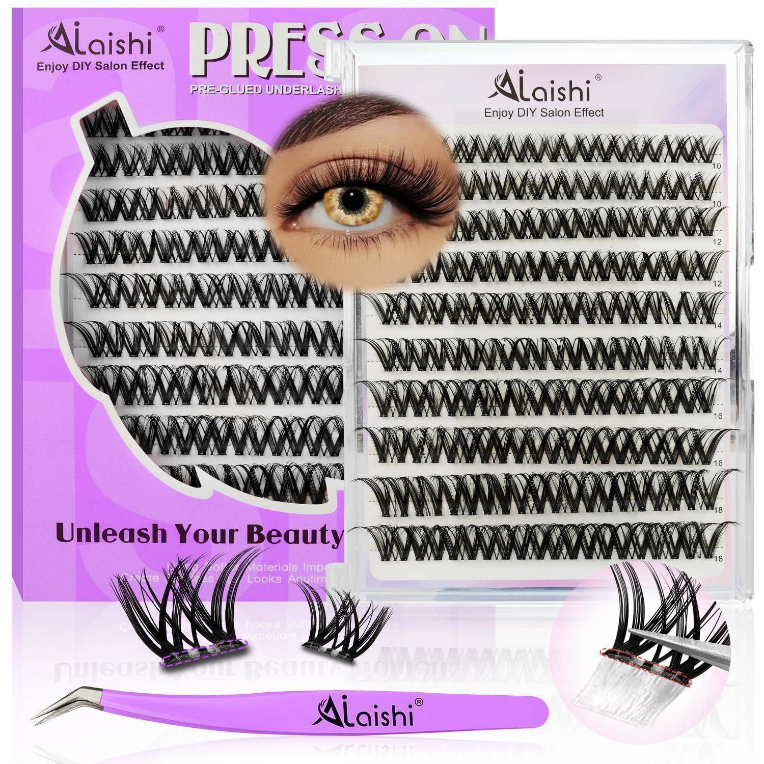 Alaishi vorverleimtes Wimpern-Unterset in lila Verpackung, das Wimpernstreifen, eine Nahaufnahme eines Auges, eine Pinzette und Applikator-Tools zeigt.