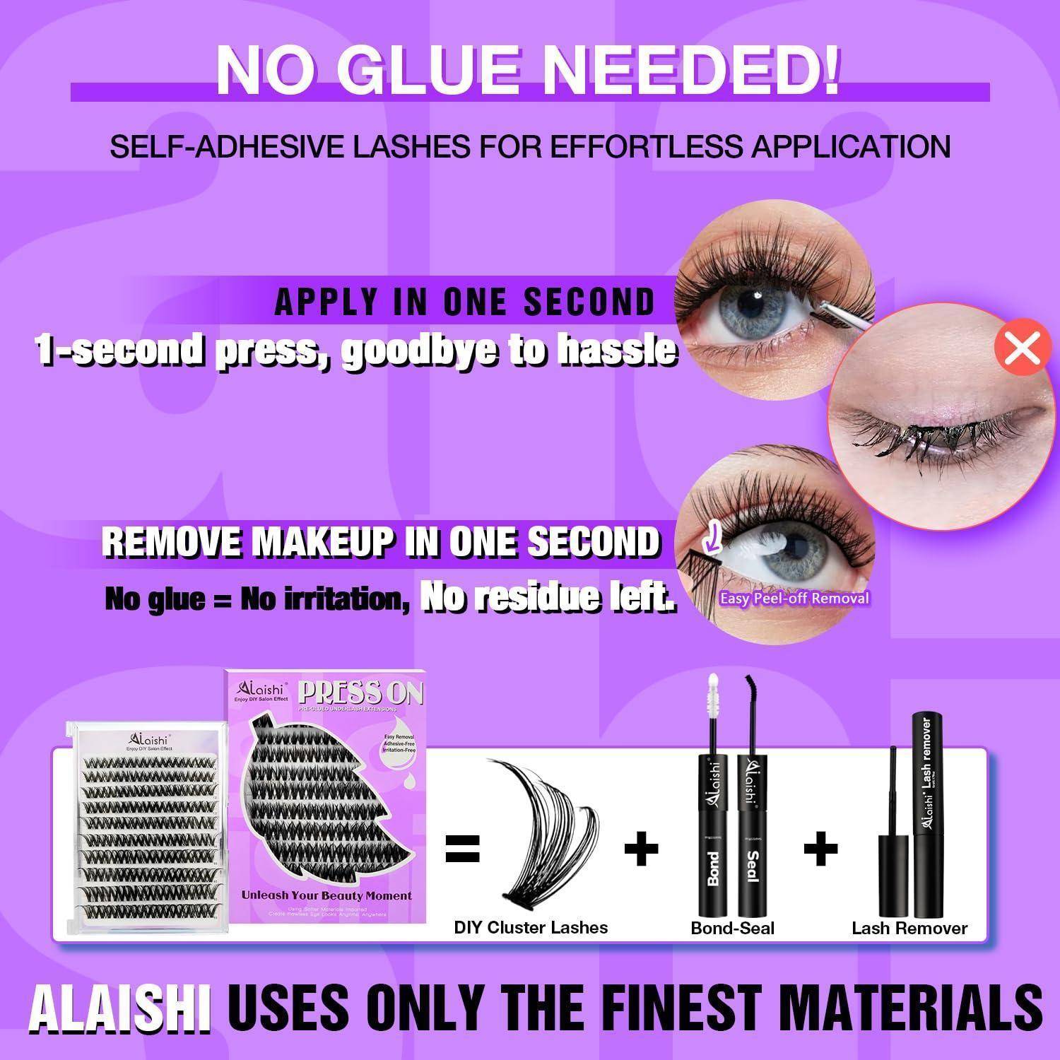 Violette Werbeanzeige für selbstklebende Wimpern mit den Aussagen „KEIN KLEBER NOTWENDIG!