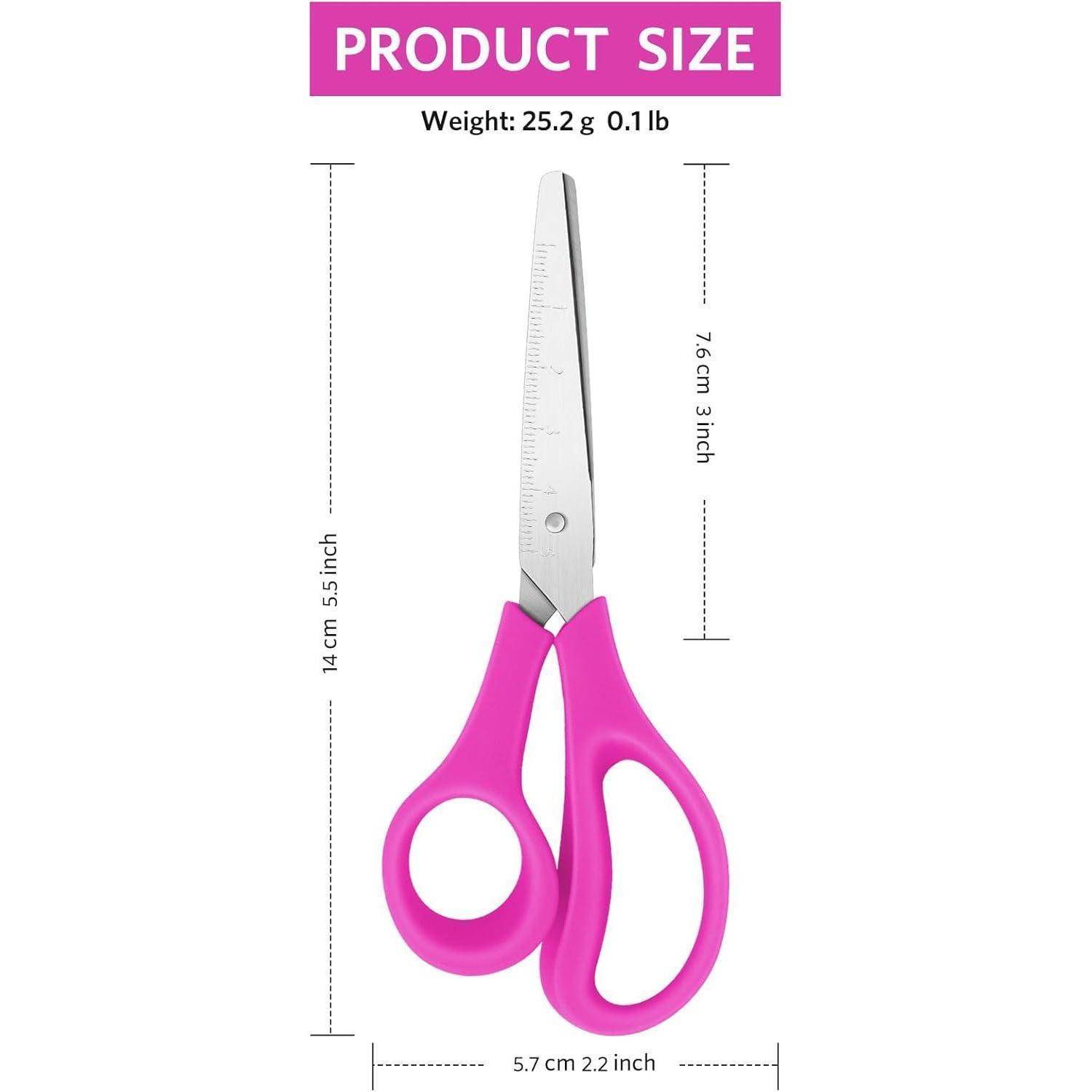 Größentabelle für rosa Schere mit einer Höhe von 14 cm, Schneidenlänge von 7,6 cm, Griffbreite von 5,7 cm und einem Gewicht von 25,2 g.