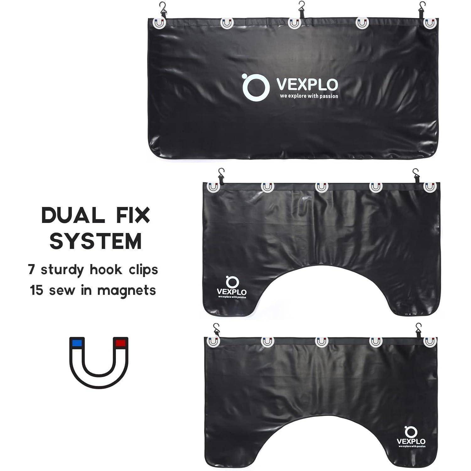 Produktgrafik zeigt VEXPLO Dualbefestigungssystem: 7 Hakenklemmen und 15 Nähmagnetne, mit drei schwarzen Abdeckungsbeispielen und einem Magneticon.
