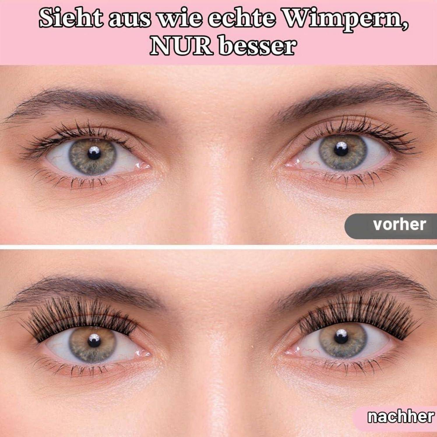 Vorher-/Nachher-Bild von Augen mit natürlichen Wimpern oben und volleren, künstlich aussehenden Wimpern unten; deutscher Text lautet „Sieht aus wie echte Wimpern, NUR besser