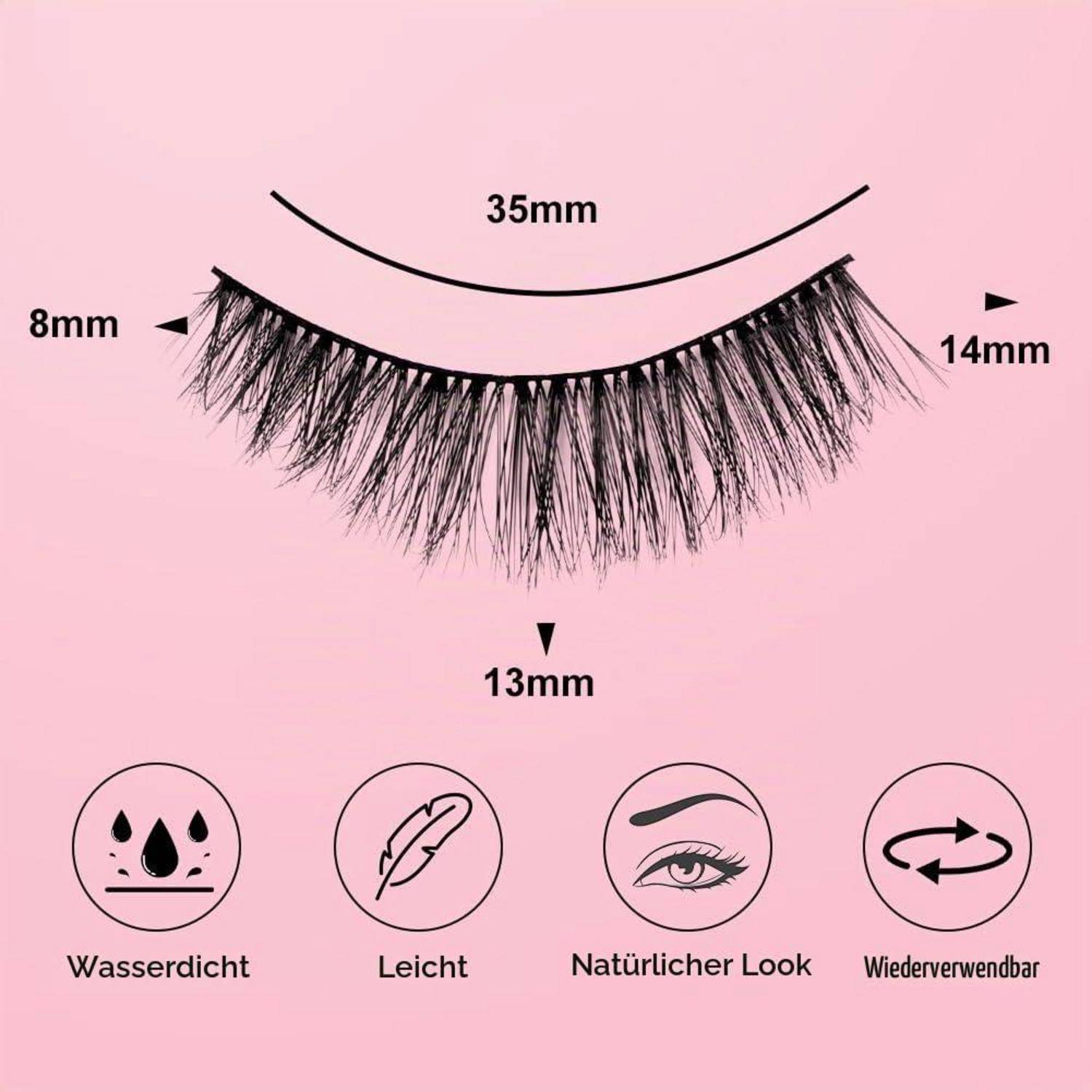 Falsche Wimpernstreifen auf rosa Hintergrund, beschriftet mit 35 mm Breite und Längen von 8 mm, 13 mm und 14 mm; Symbole zeigen wasserfest, leicht, natürliches Aussehen, wiederverwendbar.