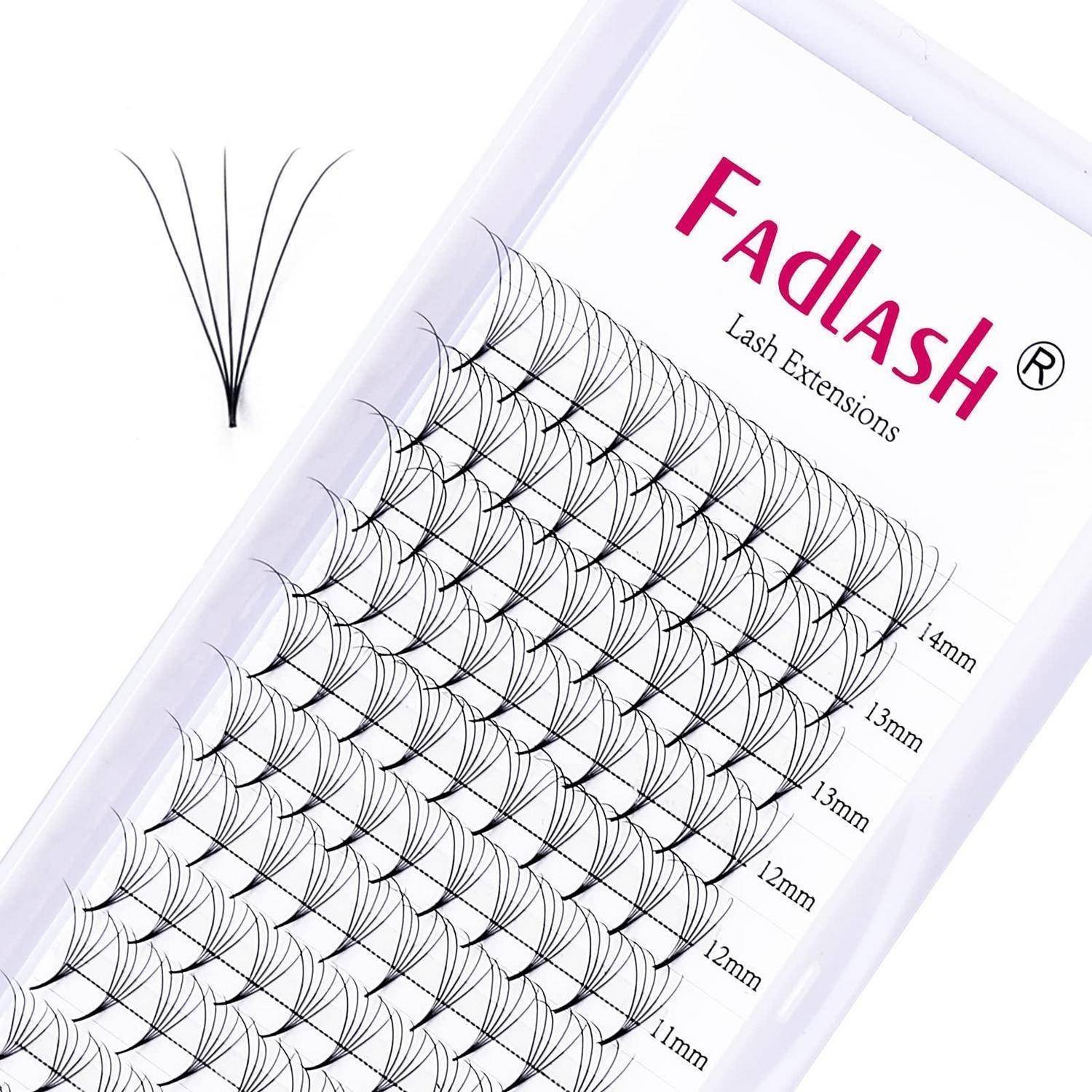 Paket mit Fadlash-Wimpernverlängerungen mit einem Tablett gekrümmter künstlicher Wimpern in mehreren Längen, beschriftet von 11 mm bis 14 mm.