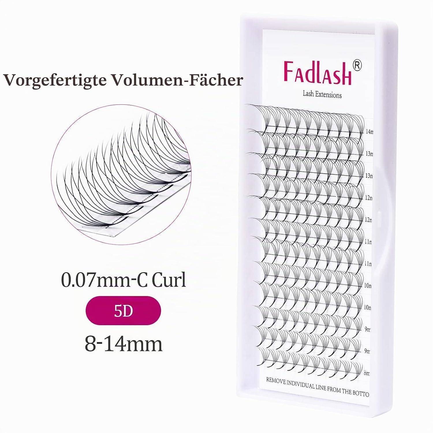 Fadlash Wimpernverlängerungen Box mit vorgefertigten Volume-Fächern, 0,07 mm C-Curl, 5D, 8-14 mm Längen.