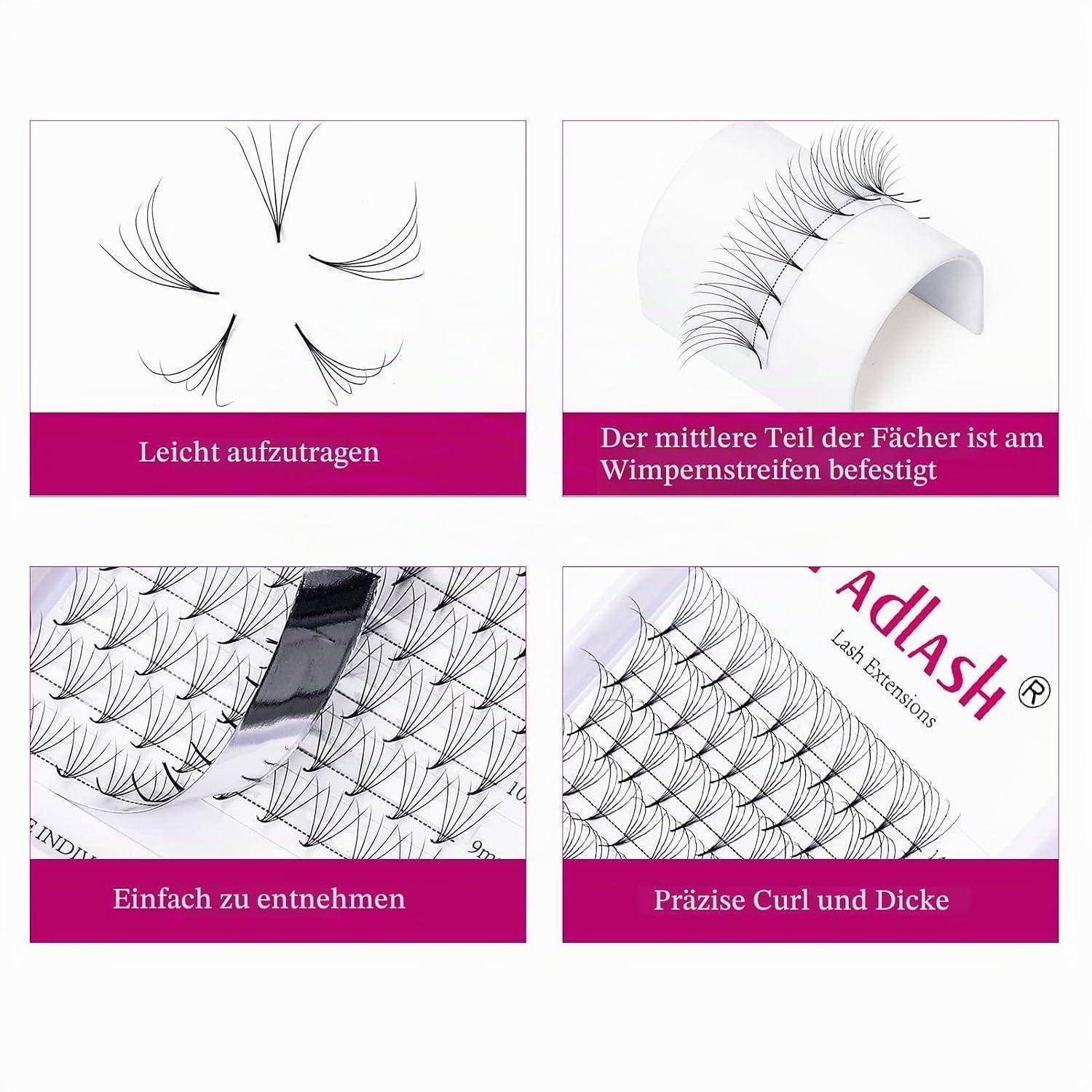 # Vierpanel-Wimpernverlängerungsleitfaden mit fächerförmigen falschen Wimpern und Anwendungsschritten; Deutsche Beschriftungen besagen leicht anzubringen, in der Mitte am Streifen befestigt, leicht zu entfernen, präzise Lockung und Dicke.