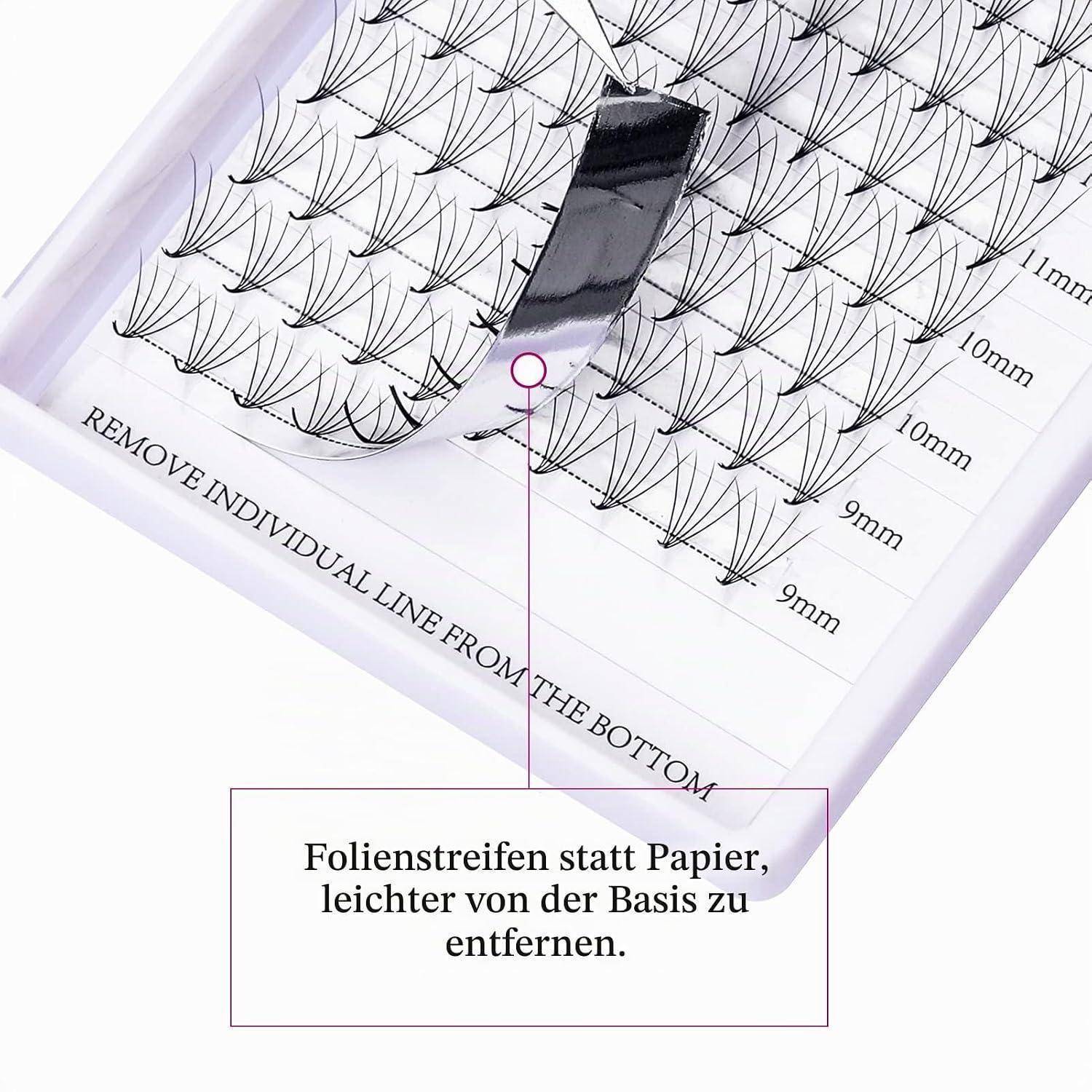 Nahaufnahme von Wimpernverlängerungsstreifen auf einem Tablett, mit einem Werkzeug, das einen Streifen anhebt, und Text, der besagt, dass einzelne Linien von unten entfernt werden können.
