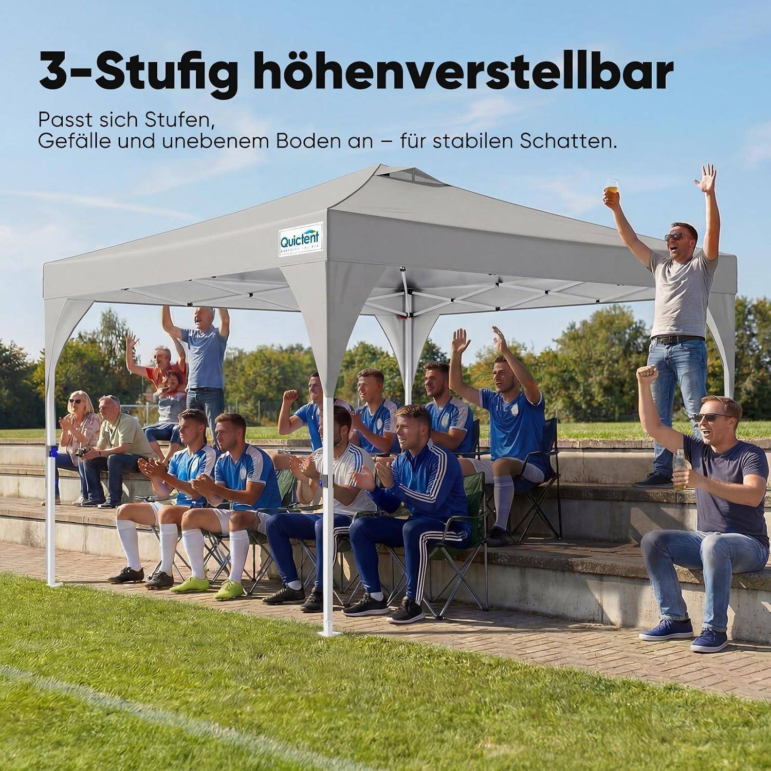 Outdoor-Weißes-Pavillon-Zelt über Zuschauern; deutscher Text besagt „3-stufig höhenverstellbar" und passt sich Treppen, Hängen und unebenem Gelände an für stabilen Schatten.