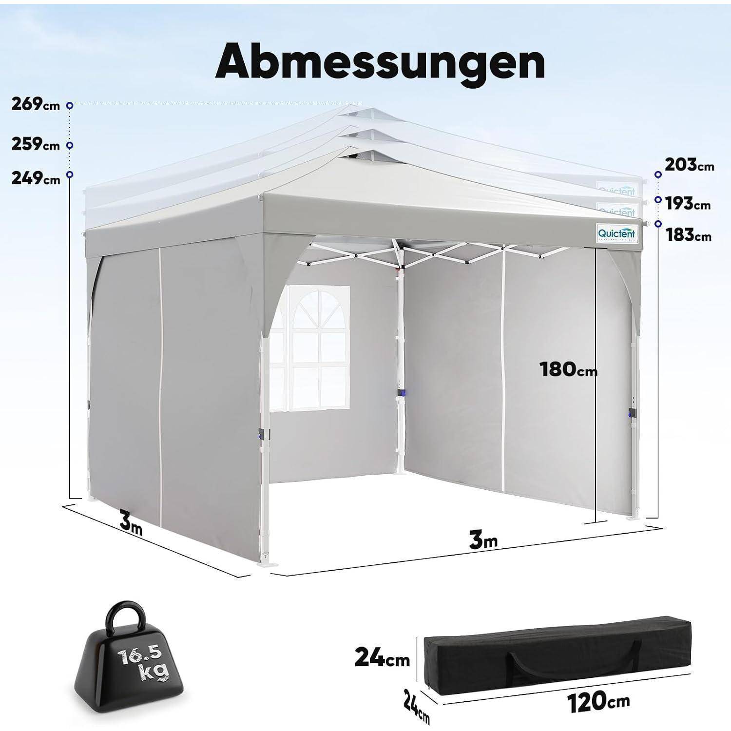 Abbildung eines grauen 3 m x 3 m Pop-up-Pavillon-Zeltes mit Höhenmessungen von 183 cm, 193 cm, 203 cm, 249 cm, 259 cm und 269 cm, plus ein Gewicht von 16,5 kg und eine 120 cm Transporttasche.