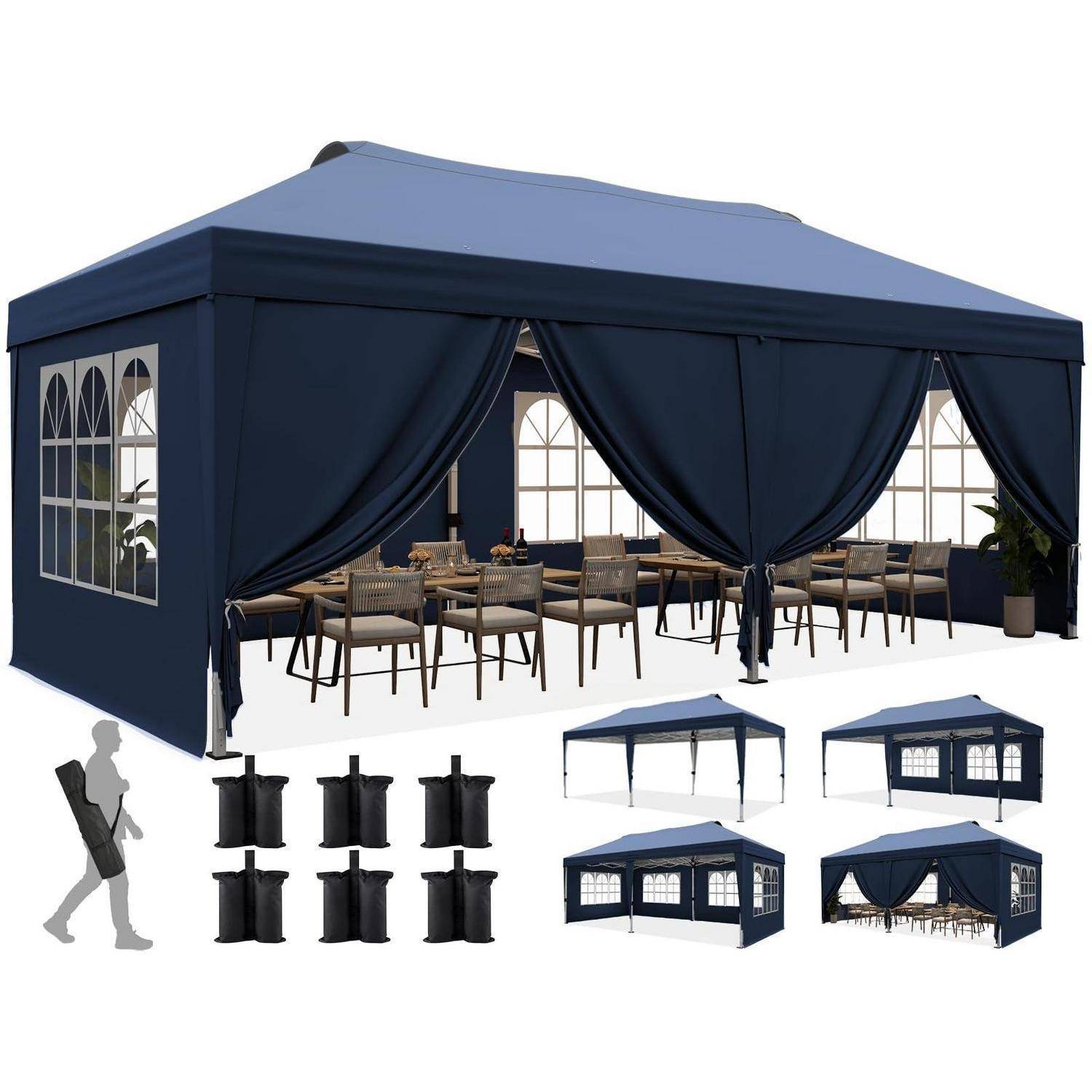 Blaues Outdoor-Veranstaltungszelt mit gewölbten Fenstern, drapiertem Eingangsvorhang und Esstischen im Inneren; kleinere Ansichten zeigen Aufbauvariationen und Gewichte.