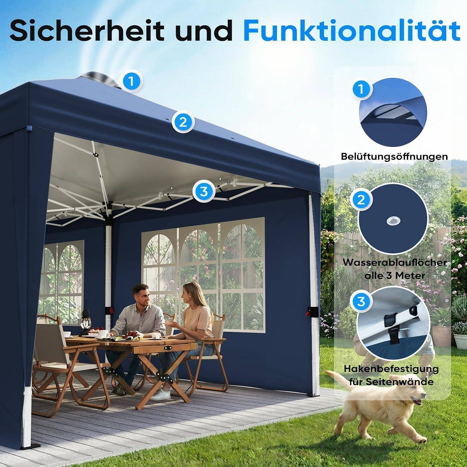 Outdoor-Pavillon mit nummerierten Beschriftungen für Belüftungsöffnungen, Ablaufösen alle 3 Meter und Hakenbefestigung für Seitenwände; Paar sitzt darin mit einem Hund in der Nähe.
