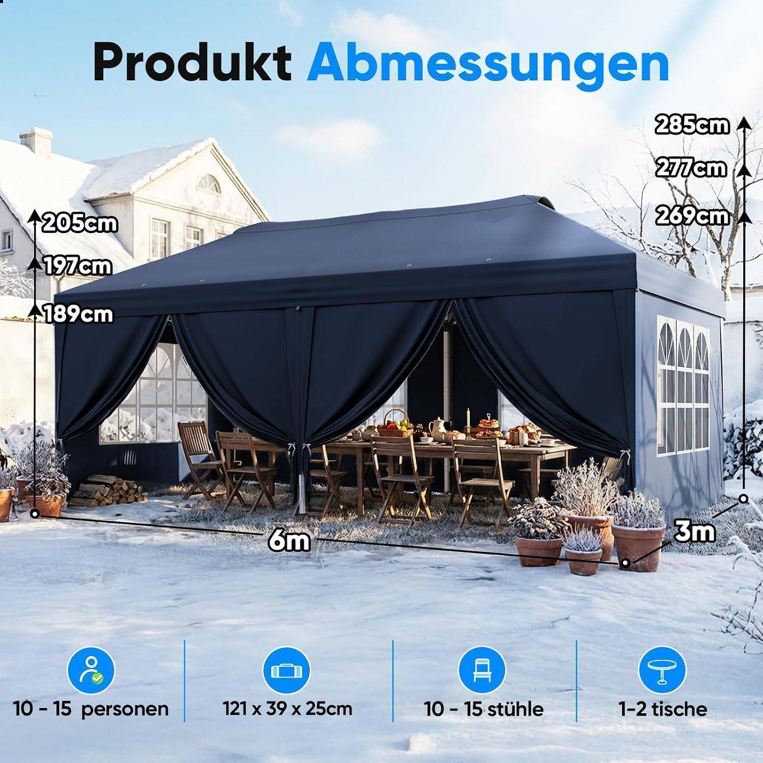 Produktabmessungen für ein dunkelblaues Pavillon-Zelt: 6 m x 3 m, Höhen 189, 197, 205 cm auf der linken Seite und 269, 277, 285 cm auf der rechten Seite; Platz für 10–15 Personen, 10–15 Stühle, 1–2 Tische.