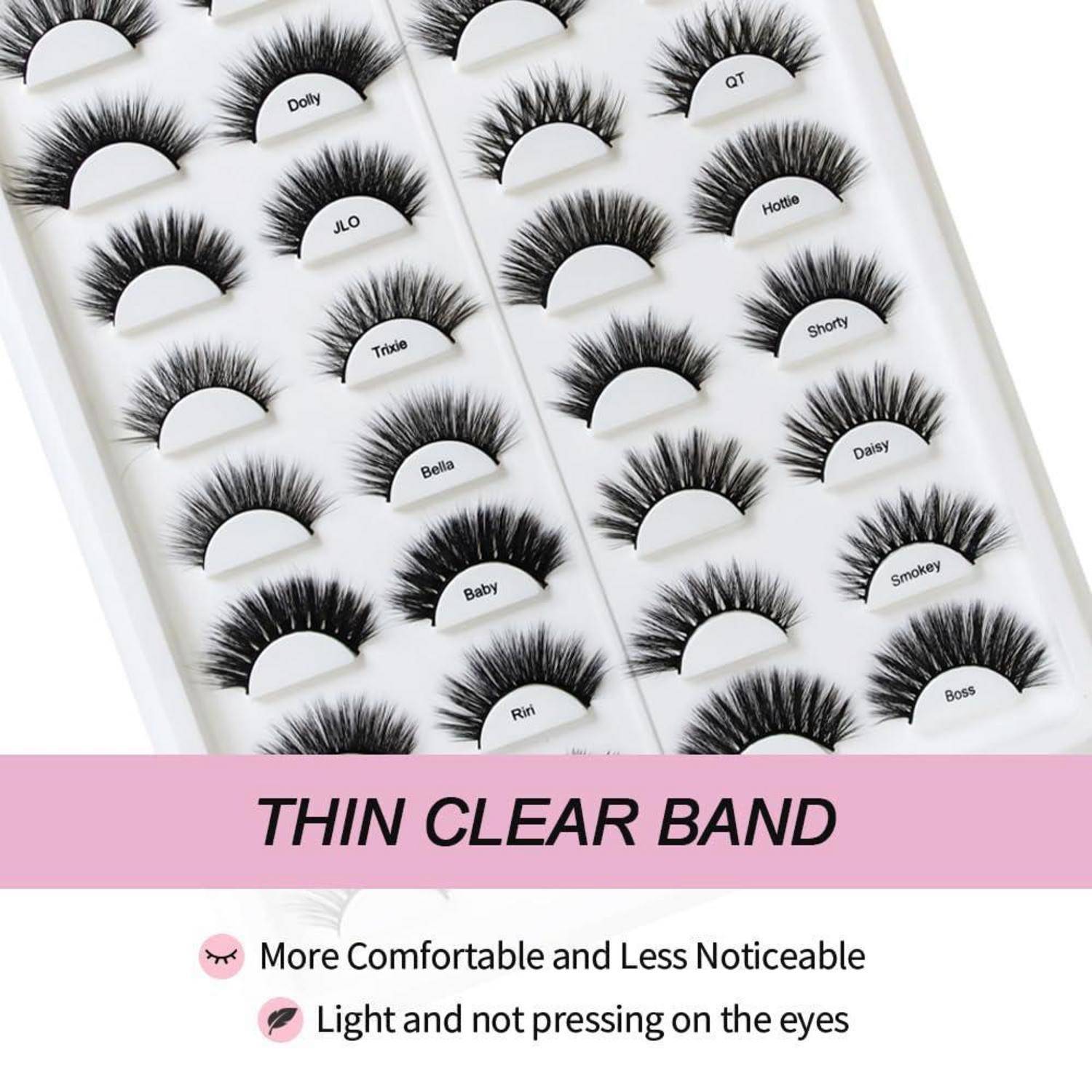 Packung mit falschen Wimpern mit gekennzeichneten Stilen und pinkem Banner mit der Aufschrift „THIN CLEAR BAND