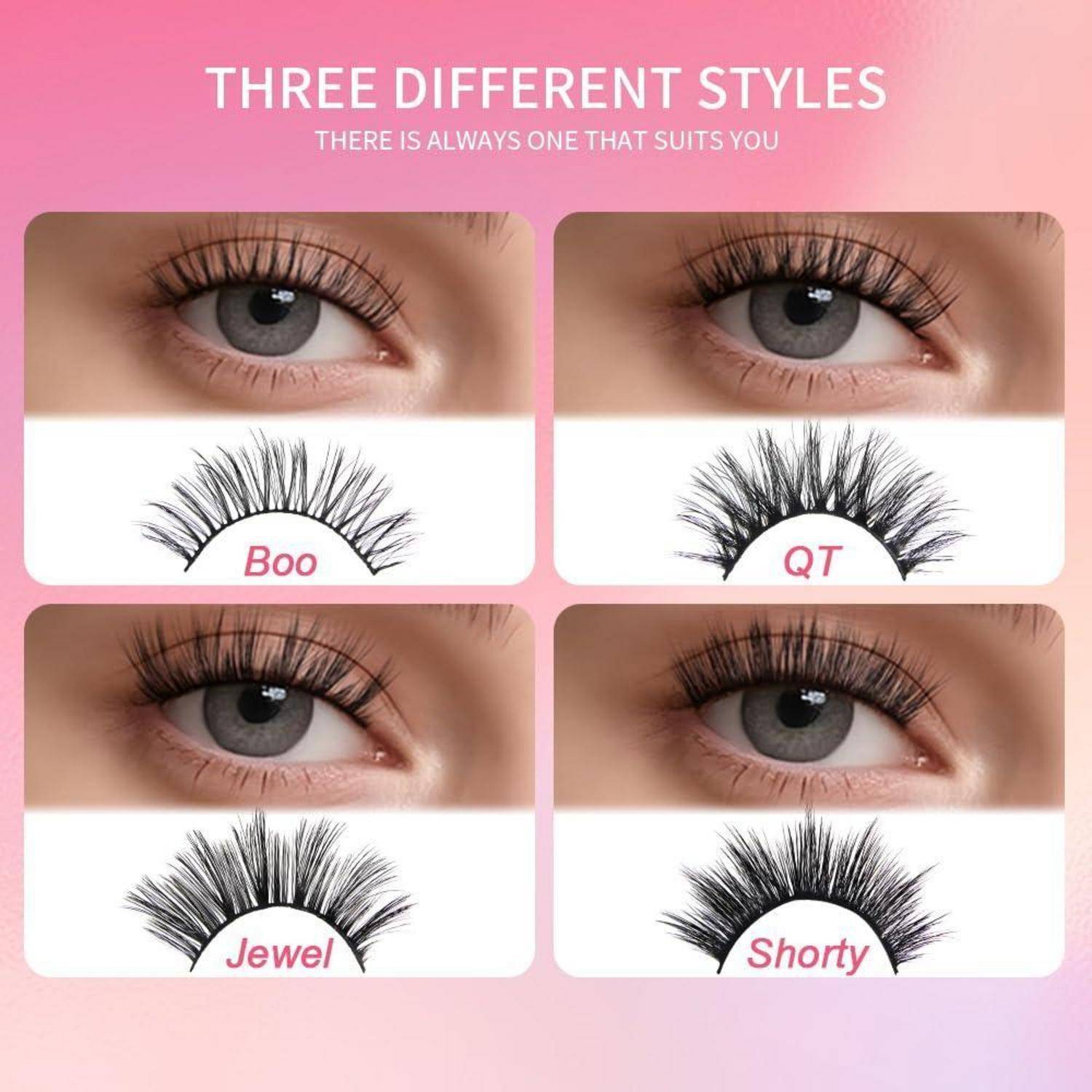 Werbegrafikverglichend vier Wimpernverlängerungsstile: Boo, QT, Jewel und Shorty, jeweils auf einem Auge unter der Überschrift „DREI VERSCHIEDENE STILE