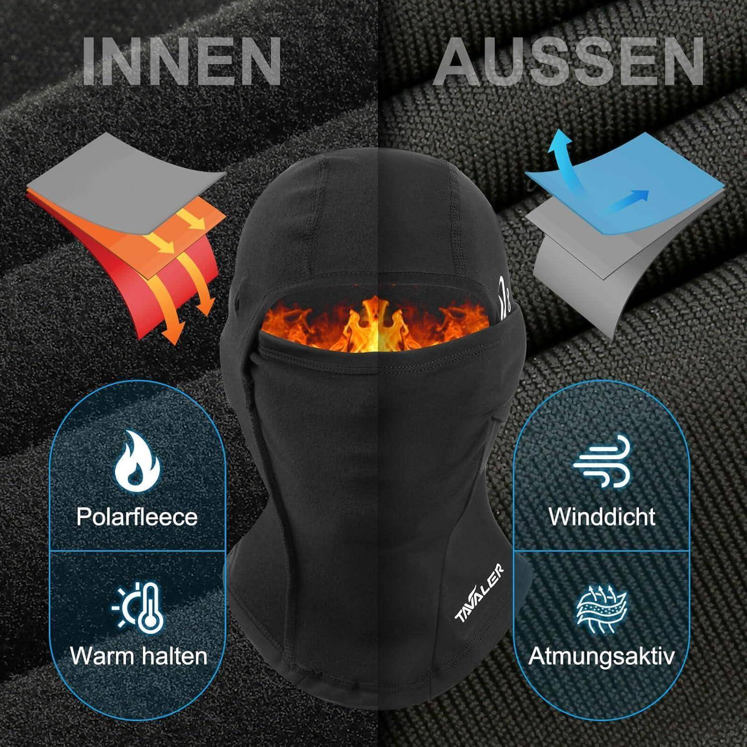 Schwarze thermische Sturmhaube mit Flammengraﬁk, zeigt innen 'Polarﬂeece' und wärmend, außen windundurchlässig und atmungsaktiv.