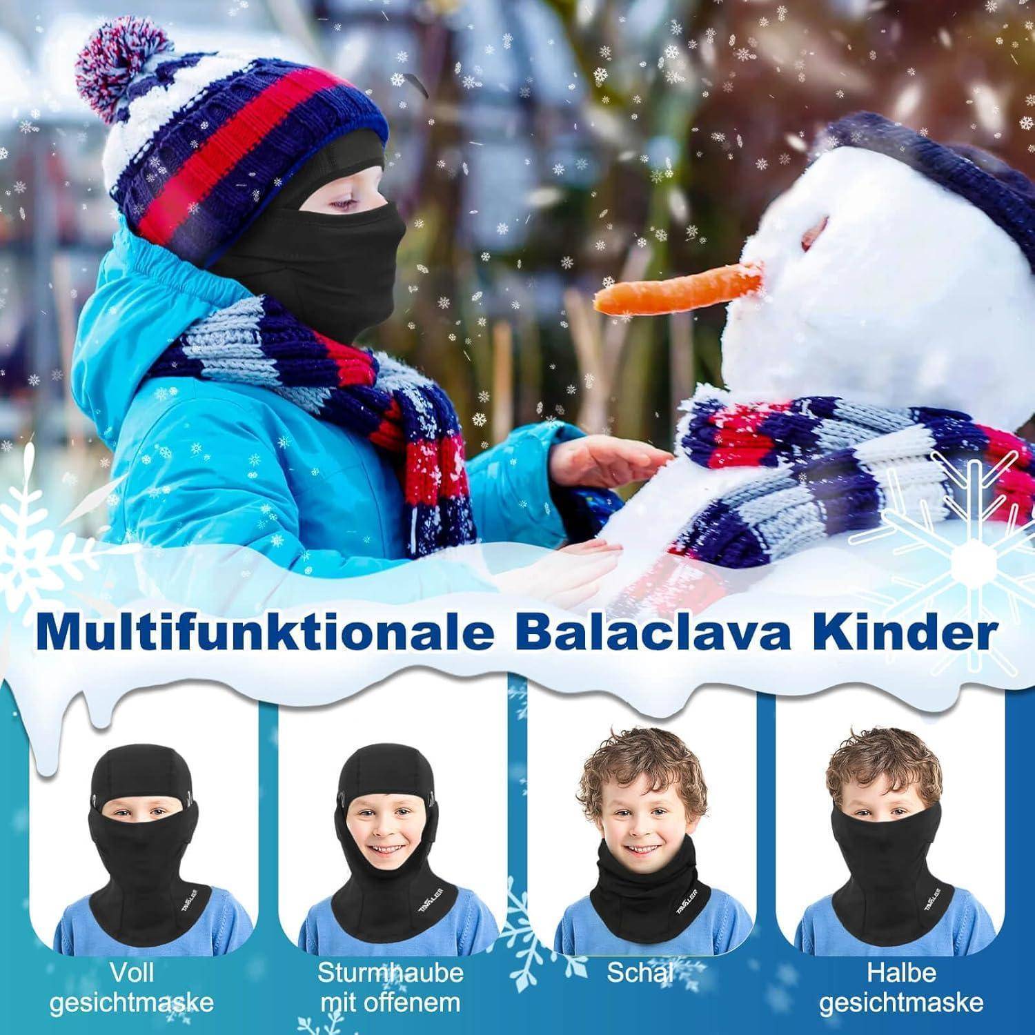 Winterproduktanzeige mit einem Kind in einem blauen Mantel und einer Sturmhaube mit einem Schneemann, plus vier Ansichten einer multifunktionalen Kinder-Sturmhaube.