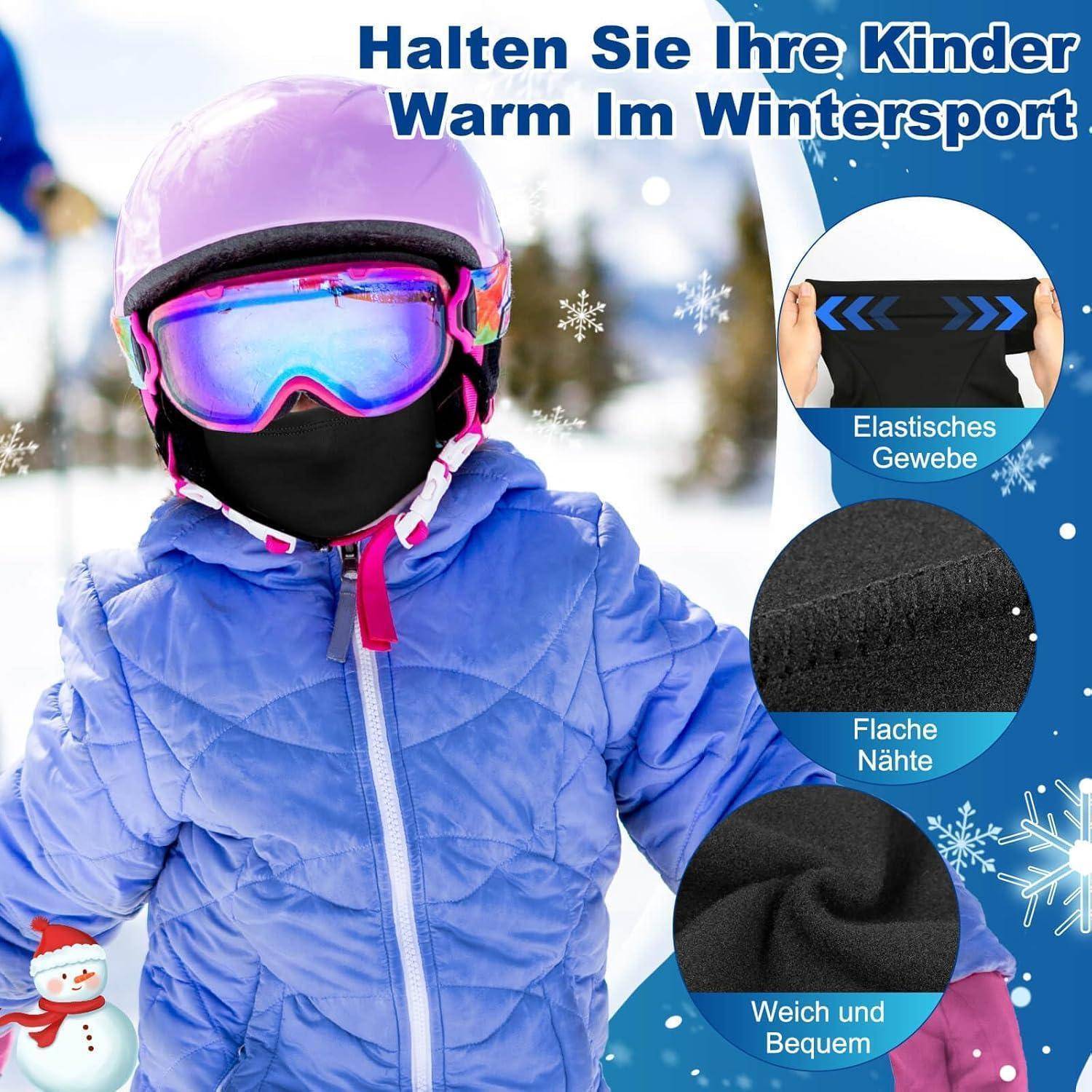 # Kind in Wintersportkleidung mit Schutzbrille und Gesichtsbedeckung; deutscher Text besagt „Halten Sie Ihre Kinder im Winter warm beim Sport