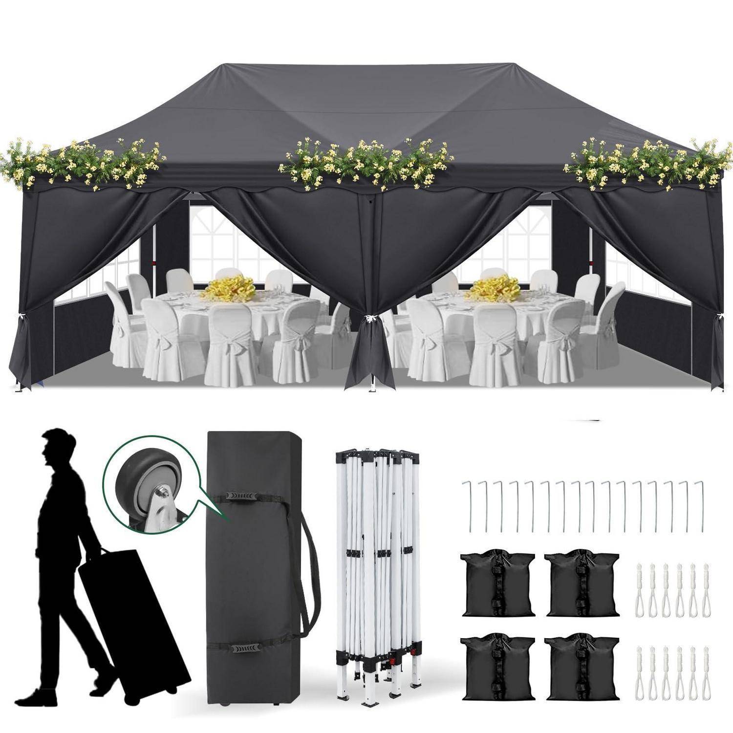 Schwarzes Popup-Baldachindach mit floralem Besatz, das Banketttische schützt, plus eingeklappte Teile und Transporttasche, die als tragbares Eventzelt-Set gezeigt werden