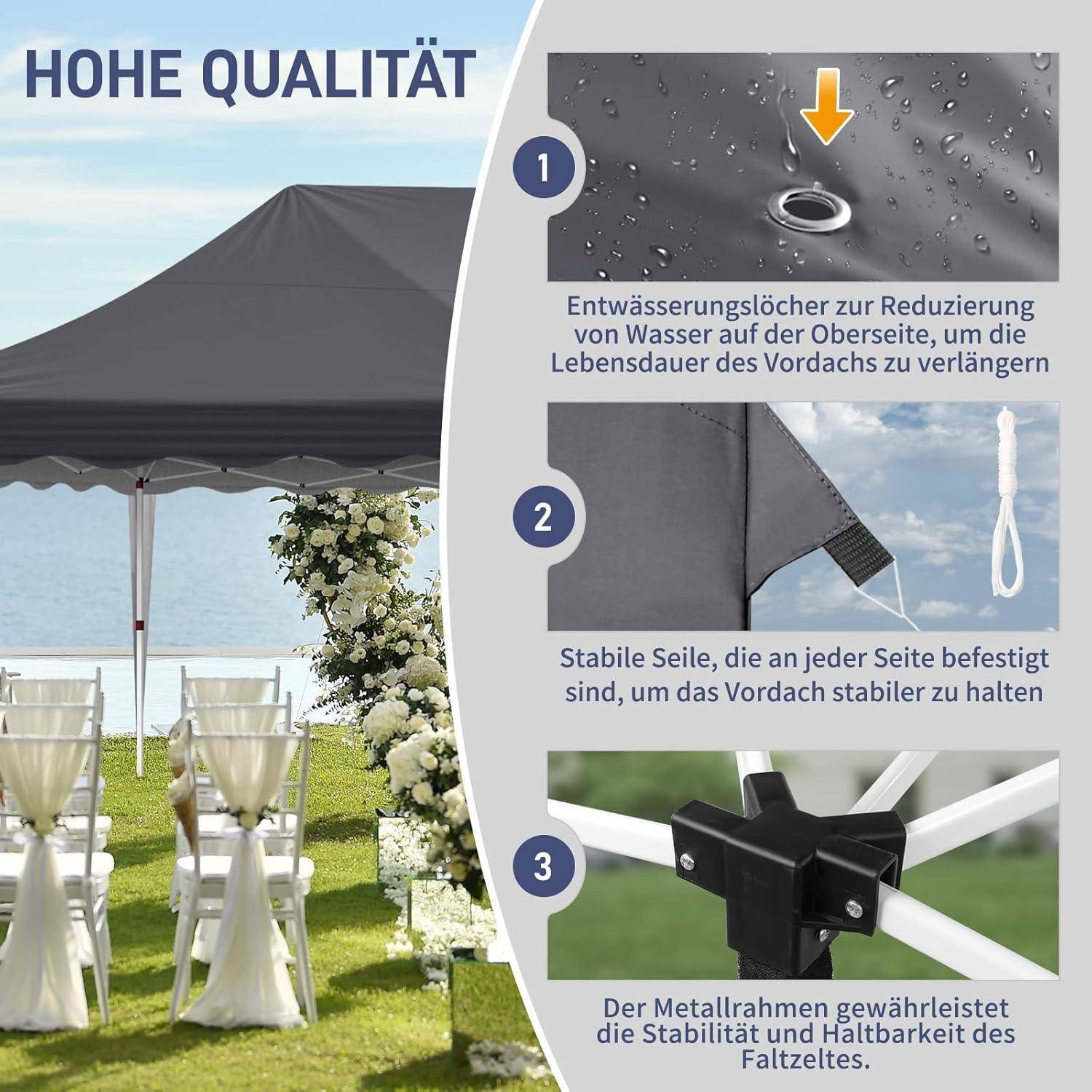 Grafik mit dem Titel „HOHE QUALITÄT" zeigt ein graues Zeltdach über einer Außenveranstaltung mit drei Callouts: Entwässerungslöcher, verstärkte Seitenseile und ein Metallrahmen für Stabilität und Haltbarkeit.