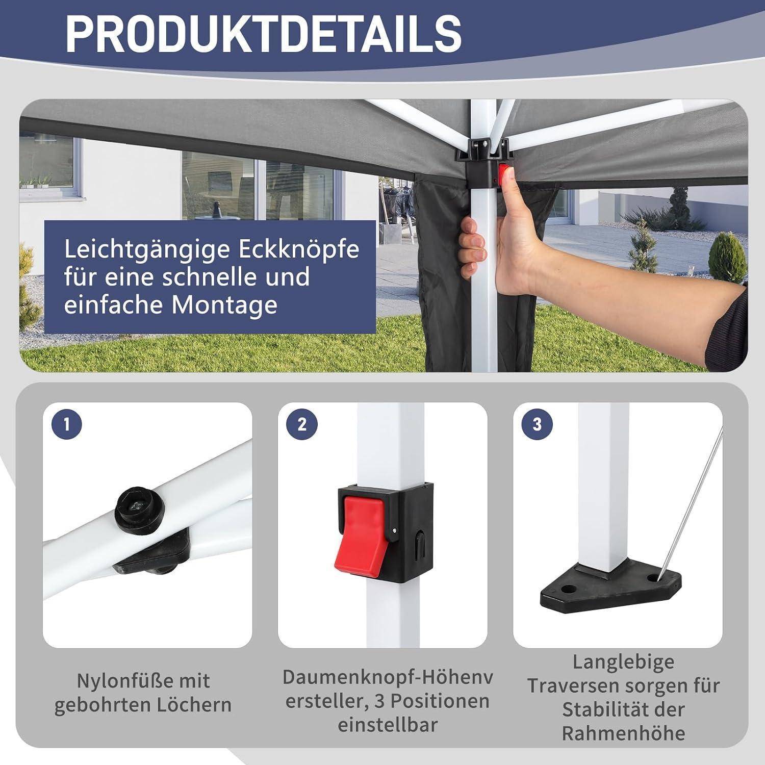 Deutsch Produktdetails für ein Baldachindach: schnelle, einfache Eckknöpfe für einfache Montage, Nylonfüße mit gebohrten Löchern, Höhenverstellung mit Daumenhebel und stabile Querträger.