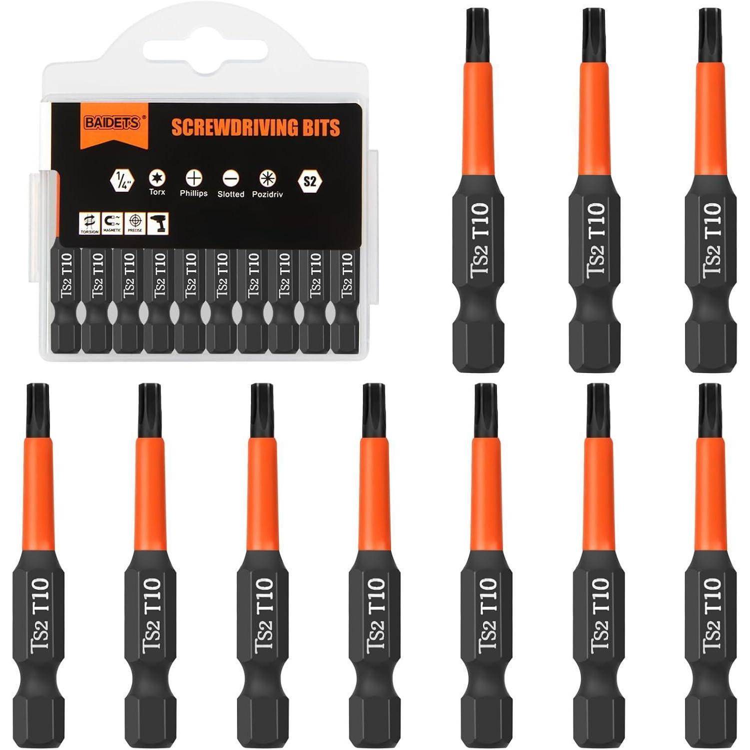 Satz von orange-schwarzen Torx-Schraubendreheraufsätzen in einem Kunststoffkoffer, beschriftet mit „SCREWDRIVING BITS
