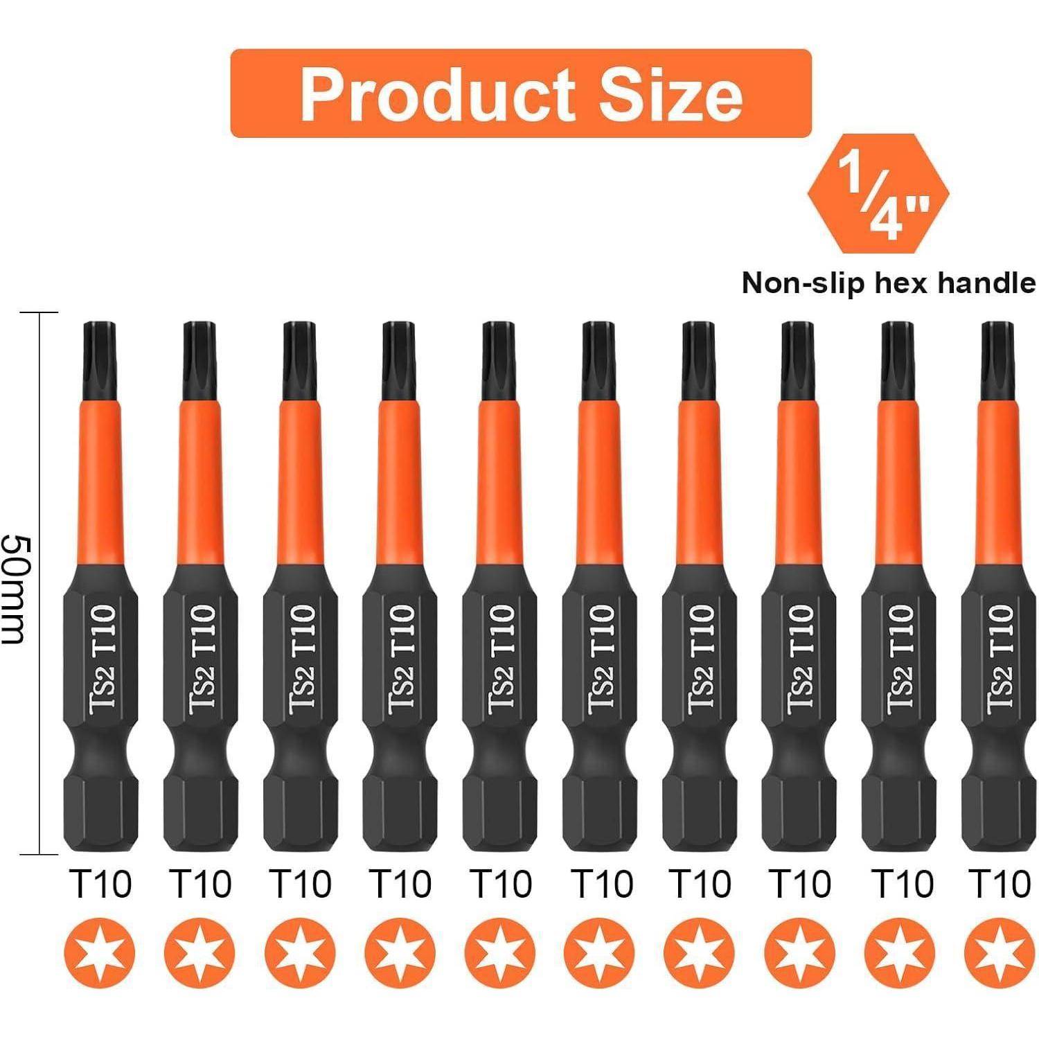 Die Produktgrößentabelle zeigt einen 50-mm-Torx-T10-Bit mit Vierkant-Sechskantgriff und rutschfestem Griff in Orange und Schwarz.