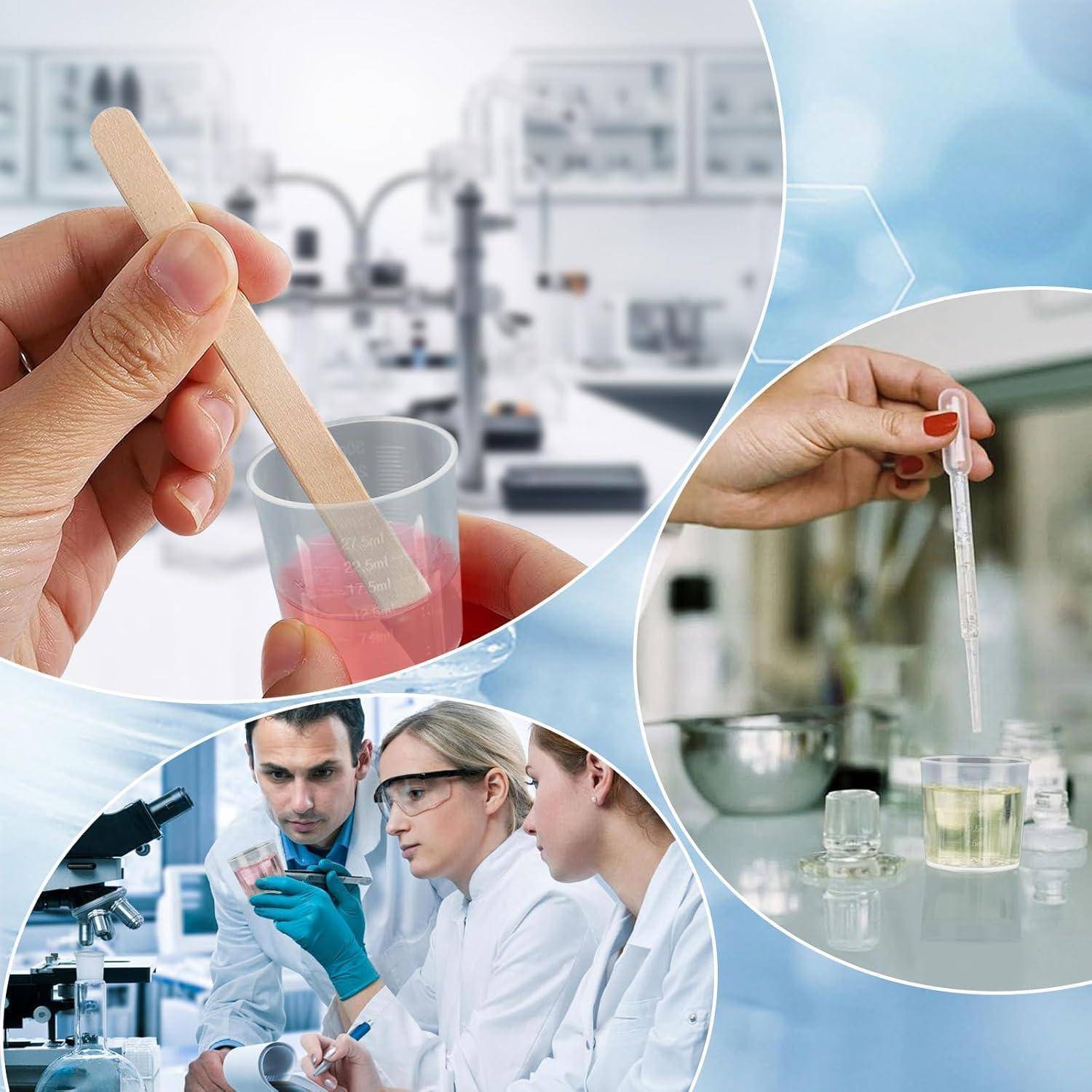 Laborkollagen mit Wissenschaftlern beim Mischen von Chemikalien, beim Abmessen von Flüssigkeiten mit einer Pipette und beim Untersuchen von Proben unter einem Mikroskop.