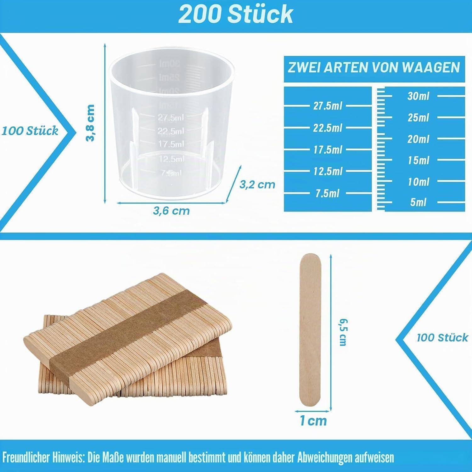 Infografik mit 200 Holzrührstäbchen: ein durchsichtiger becherförmiger Behälter mit Beschriftung der Abmessungen 3,8 cm Höhe und 3,6 x 3,2 cm, plus Stabgröße 6,5 x 1 cm und Volumenleiste in ml.