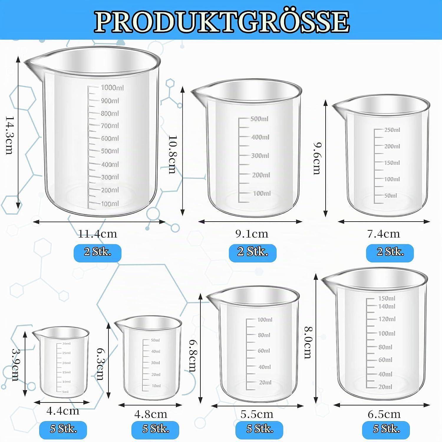 Produktgrößenchart mit sechs abgestuften Messbechern/Bechern mit Abmessungen in cm und Fassungsvermögen von 50 ml bis 1000 ml sowie Packungsanzahl.