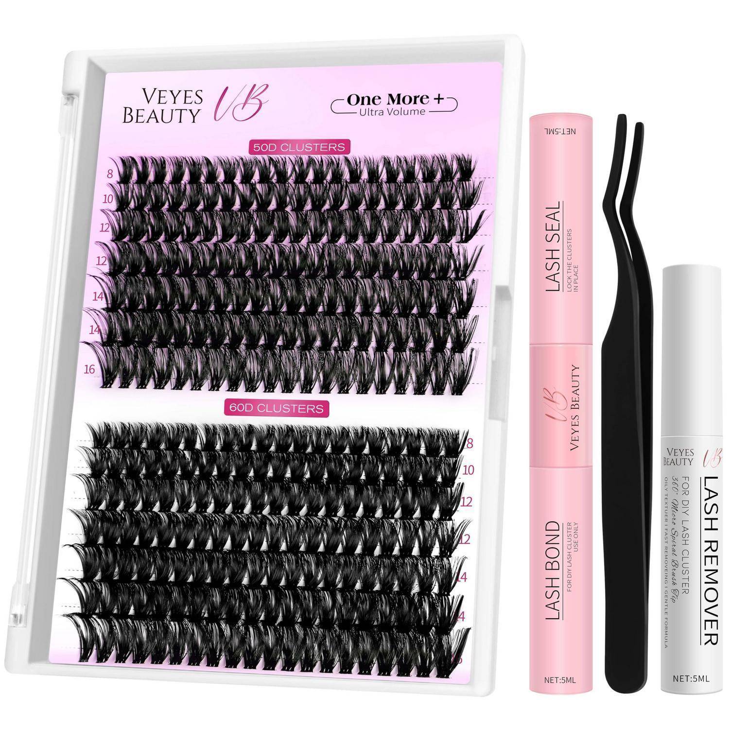 Veyes Beauty Wimpernbüschel-Set mit einem Tablett mit 5D und 60D künstlichen Wimpern, Lash Seal und Lash Bond Tuben, Pinzette und Wimpernentferner.