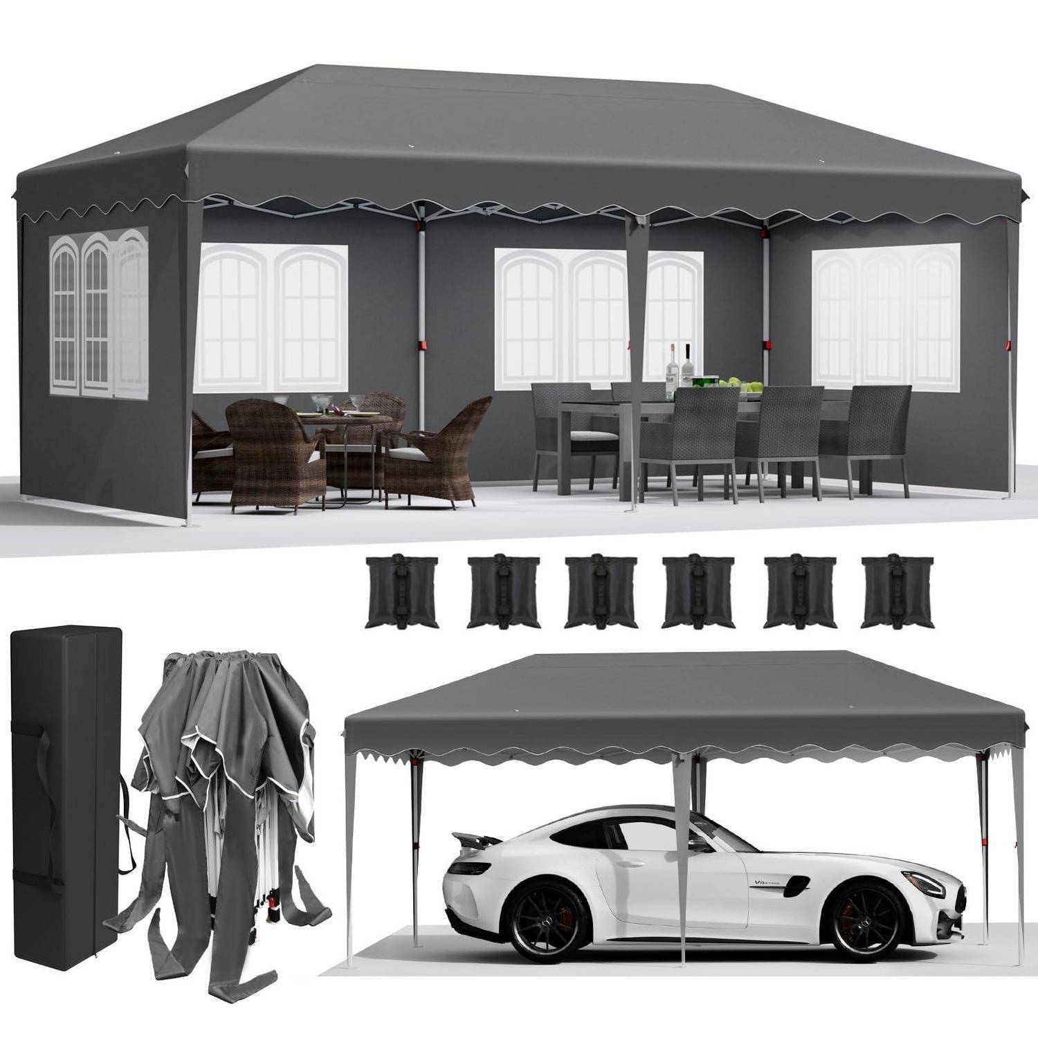Produktcollage mit einem grauen Außenpavillon mit Seitenwänden, Gartenmöbeln und einem Autoabstellplatz mit einem weißen Sportwagen, sowie gefaltete und zusammengebrochene Pavillonkomponenten.