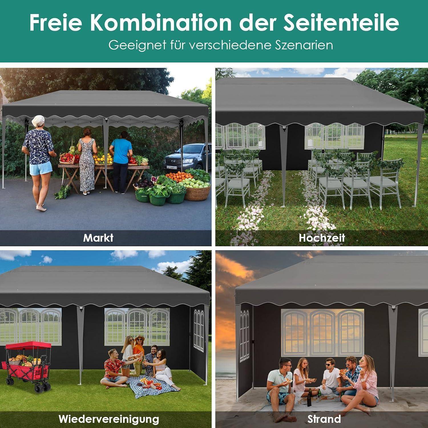 Collage eines modularen grauen Baldachhinzelts, das für Märkte, Hochzeiten, Wiedervereinigungen und Strandveranstaltungen verwendet wird, mit deutschen Beschriftungen: „Markt", „Hochzeit"", „Wiedervereinigung"", „Strand"".