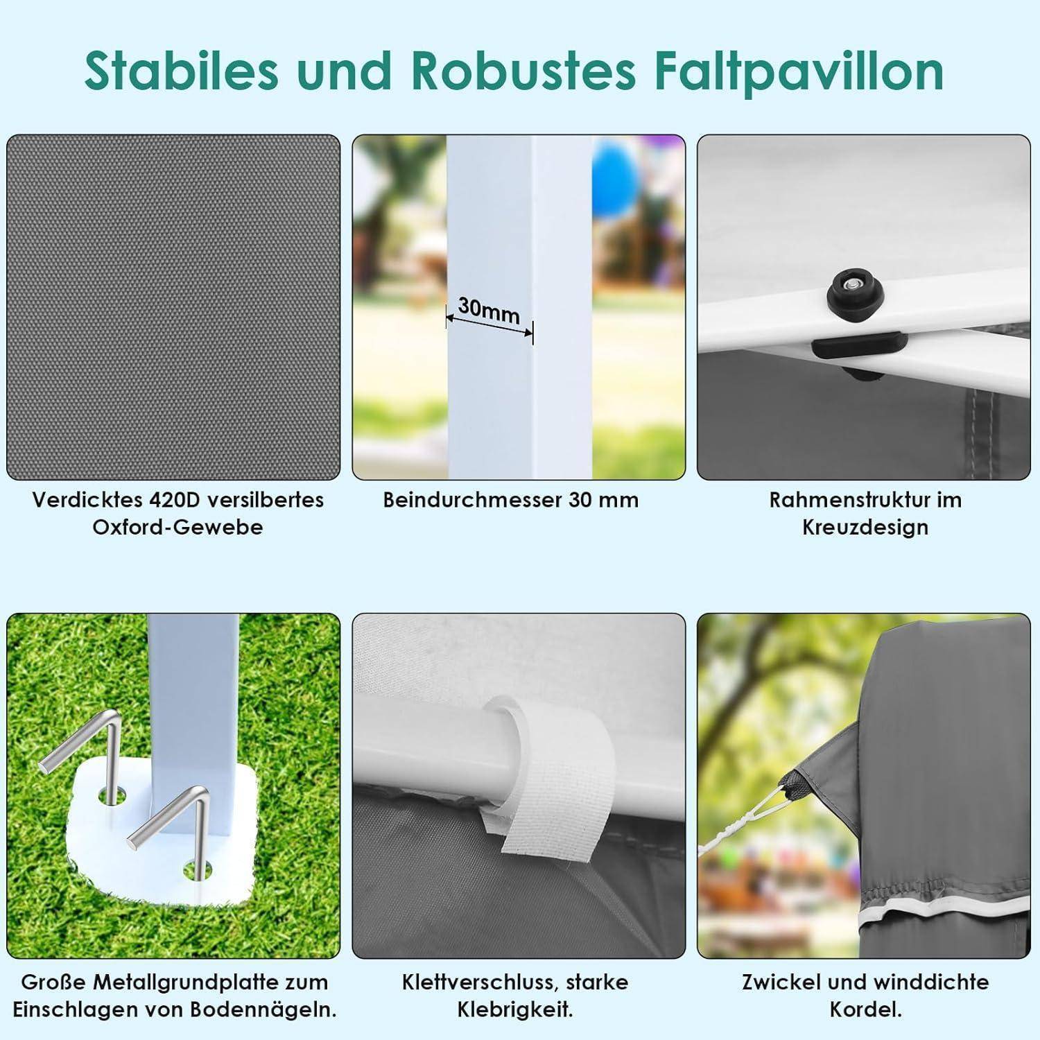 Faltpavillon-Merkmale: 420D silberbeschichtetes Oxford-Gewebe, 30 mm Beine, Kreuzrahmen, Metallbodenplatten, Klettverschluss und windsichere Seitenpaneele.