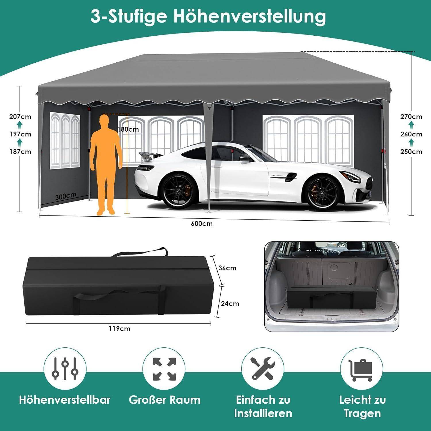 Diagramm eines dreistufigen höhenverstellbaren Autozoelts mit einem Pkw innen abgebildet, Dimensionen, Aufbewahrungstasche, Kofferraum-Passform und Eigenschaften: verstellbare Höhe, großer Platz, einfache Installation, leicht.