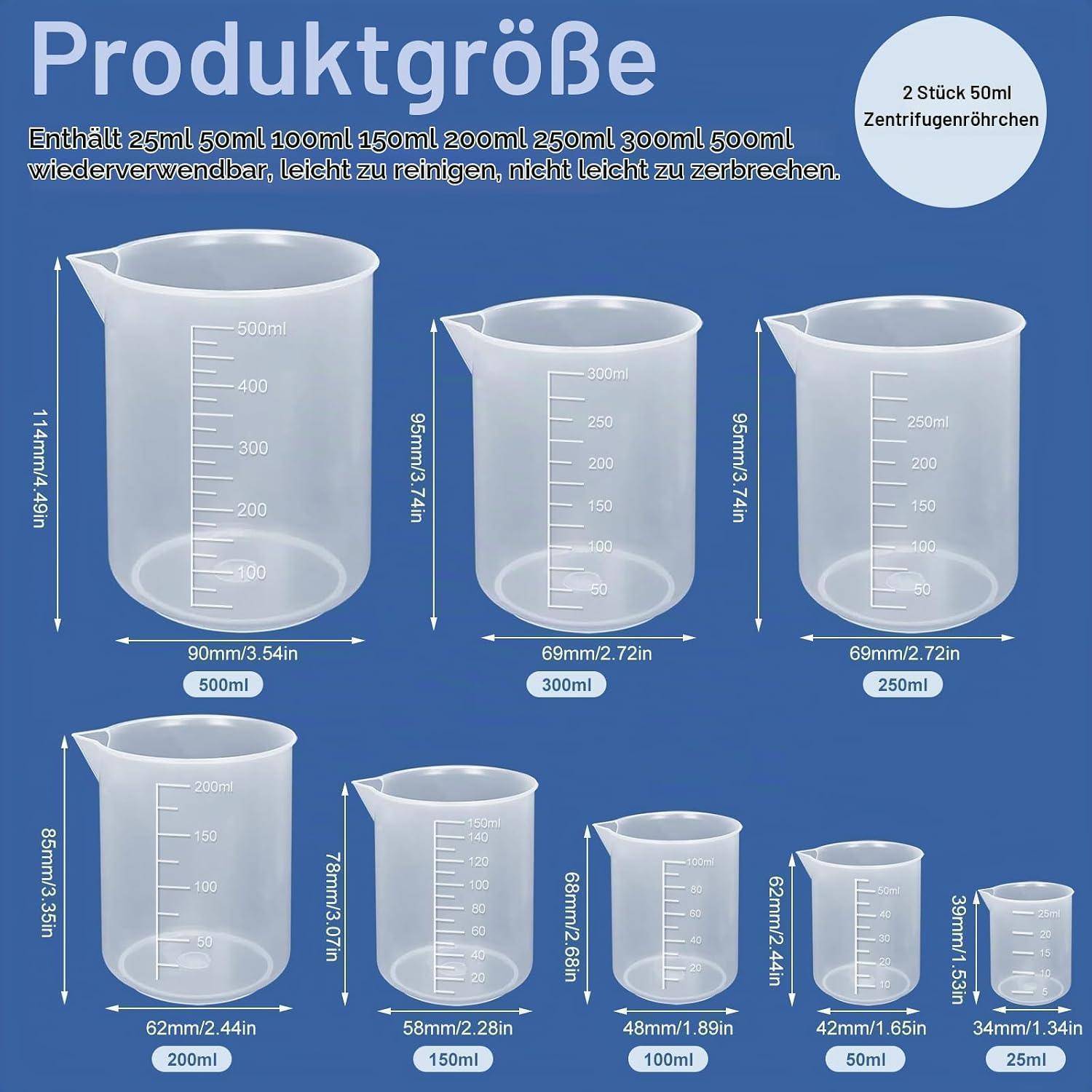 Größentabelle für wiederverwendbare Kunststoffbecher: Das Set enthält 25 ml, 50 ml, 100 ml, 150 ml, 200 ml, 250 ml, 300 ml, 500 ml und zwei 50 ml Zentrifugenröhrchen mit angezeigten Abmessungen.