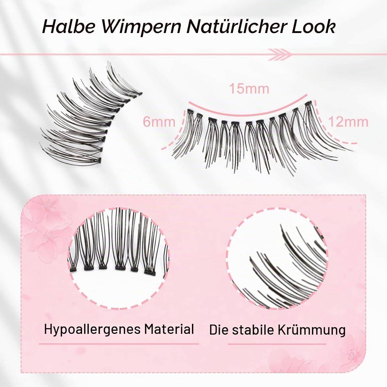 Rosa Produktgrafik von halben künstlichen Wimpern mit der Bezeichnung 'Halbe Wimpern Natürlicher Look', die eine Länge von 15mm zeigt, mit 6mm inneren und 12mm äußeren Segmenten, mit Angaben 'Hypoallergenes Material' und 'Die stabile Krümmung' in zwei Detailkreisen.