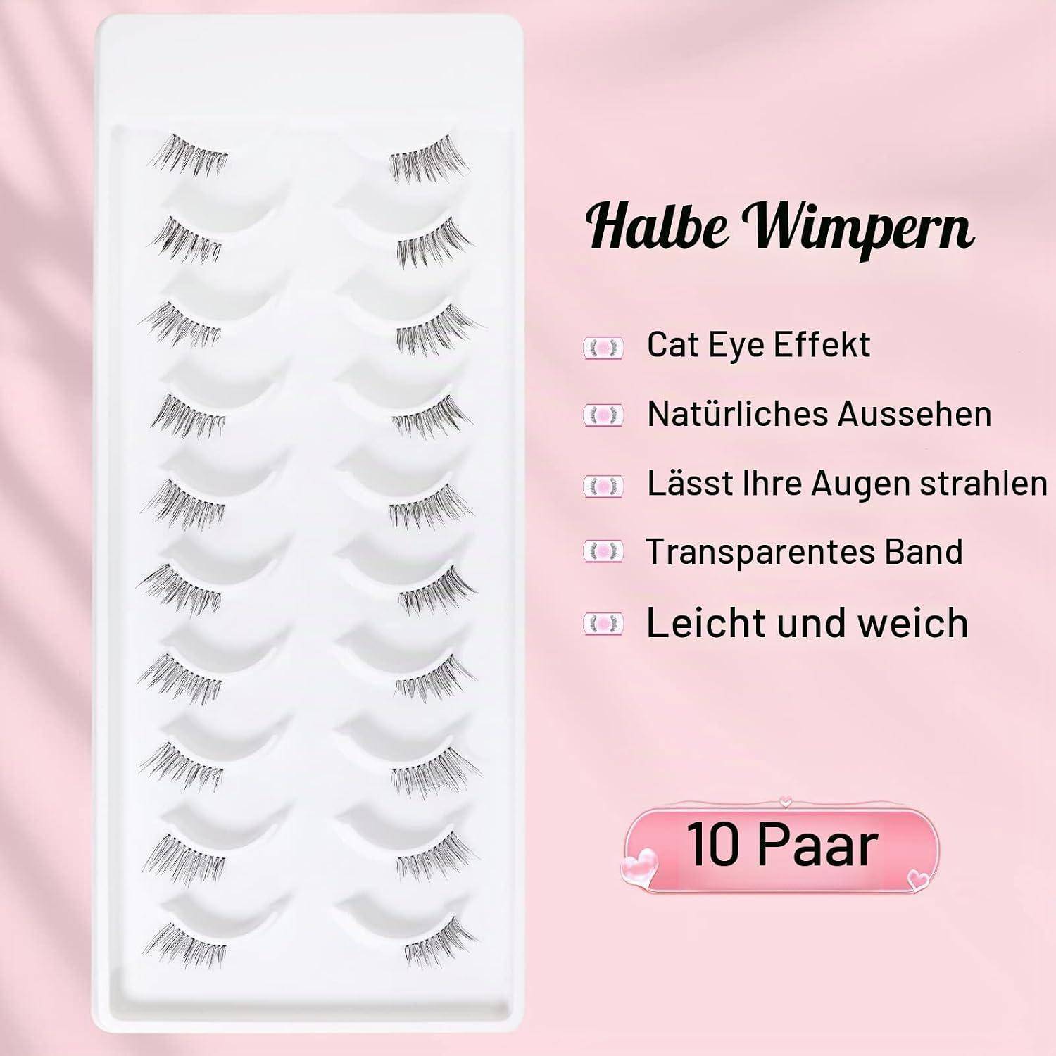 Rosa Werbung für halbe Wimpern in einem weißen Tablett, beschriftet mit 