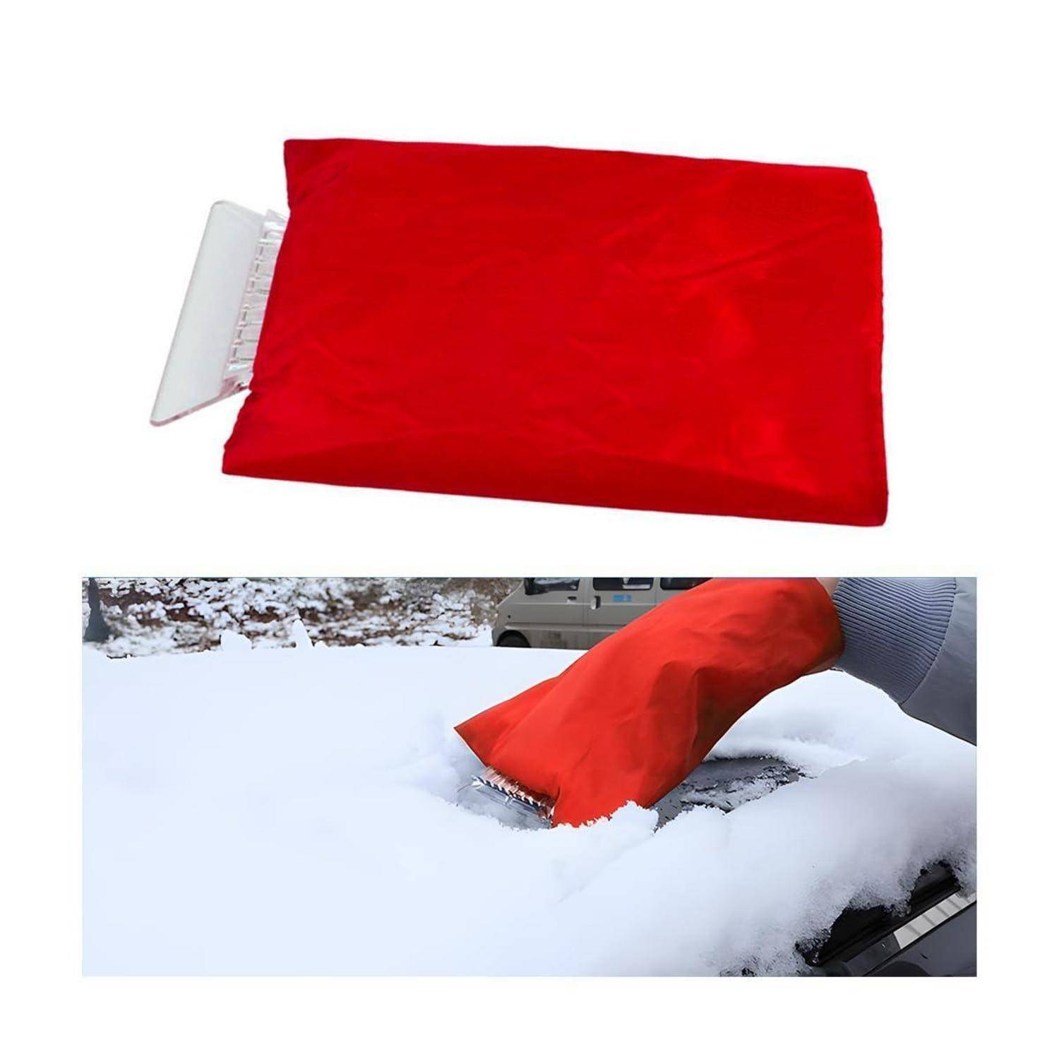 Rote Schneeräumer-Handschuh mit Kratzer, oben abgebildet beim Einsatz zum Entfernen von Schnee von einer Autoscheibe.