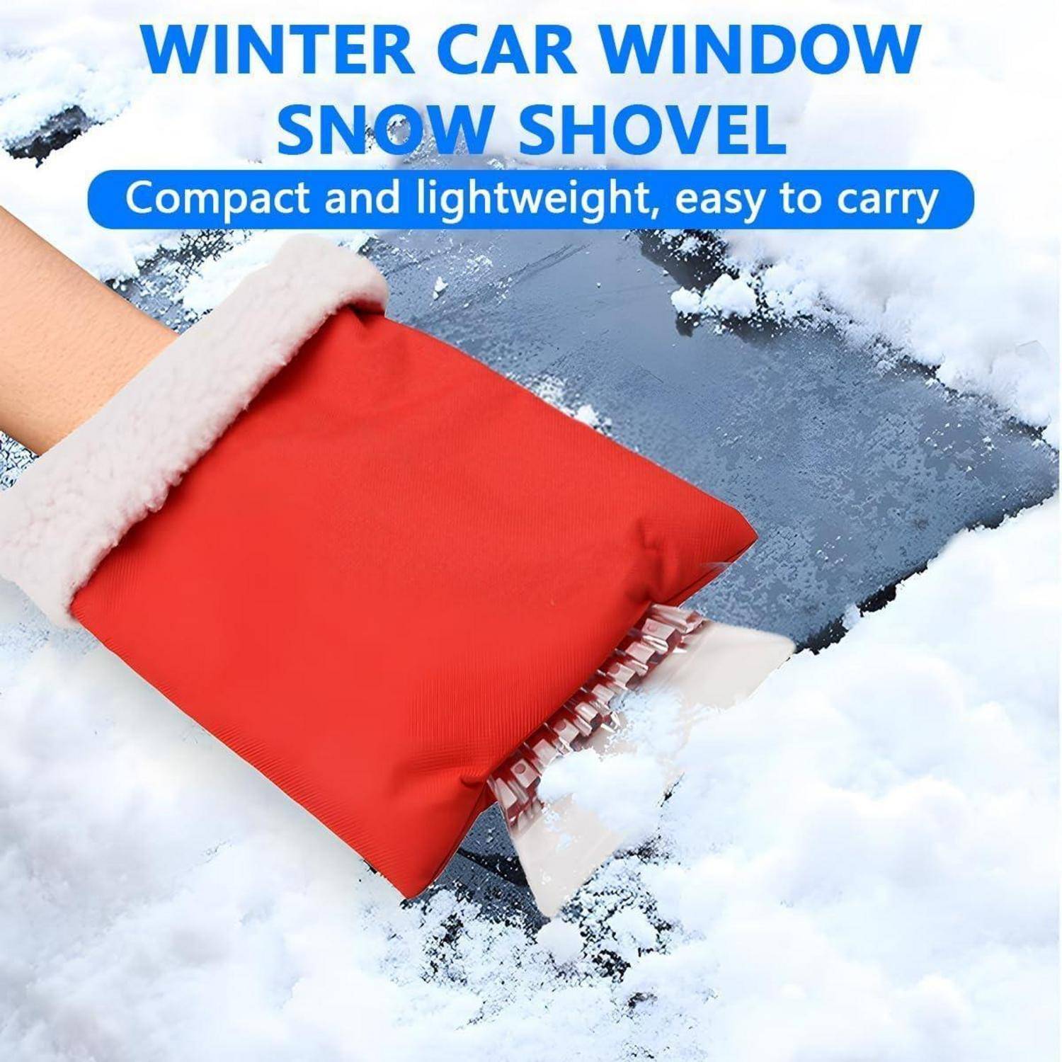 Roter Schneebesen zur Reinigung von Eis und Schnee von einer Autoscheibe, mit Text 