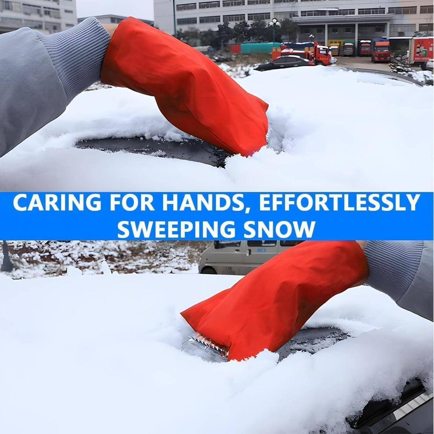Person verwendet einen roten Schneeräumungshandschuh, um Schnee von einem Auto zu fegen; Text lautet „HANDPFLEGE, MÜHELOS SCHNEE FEGEN