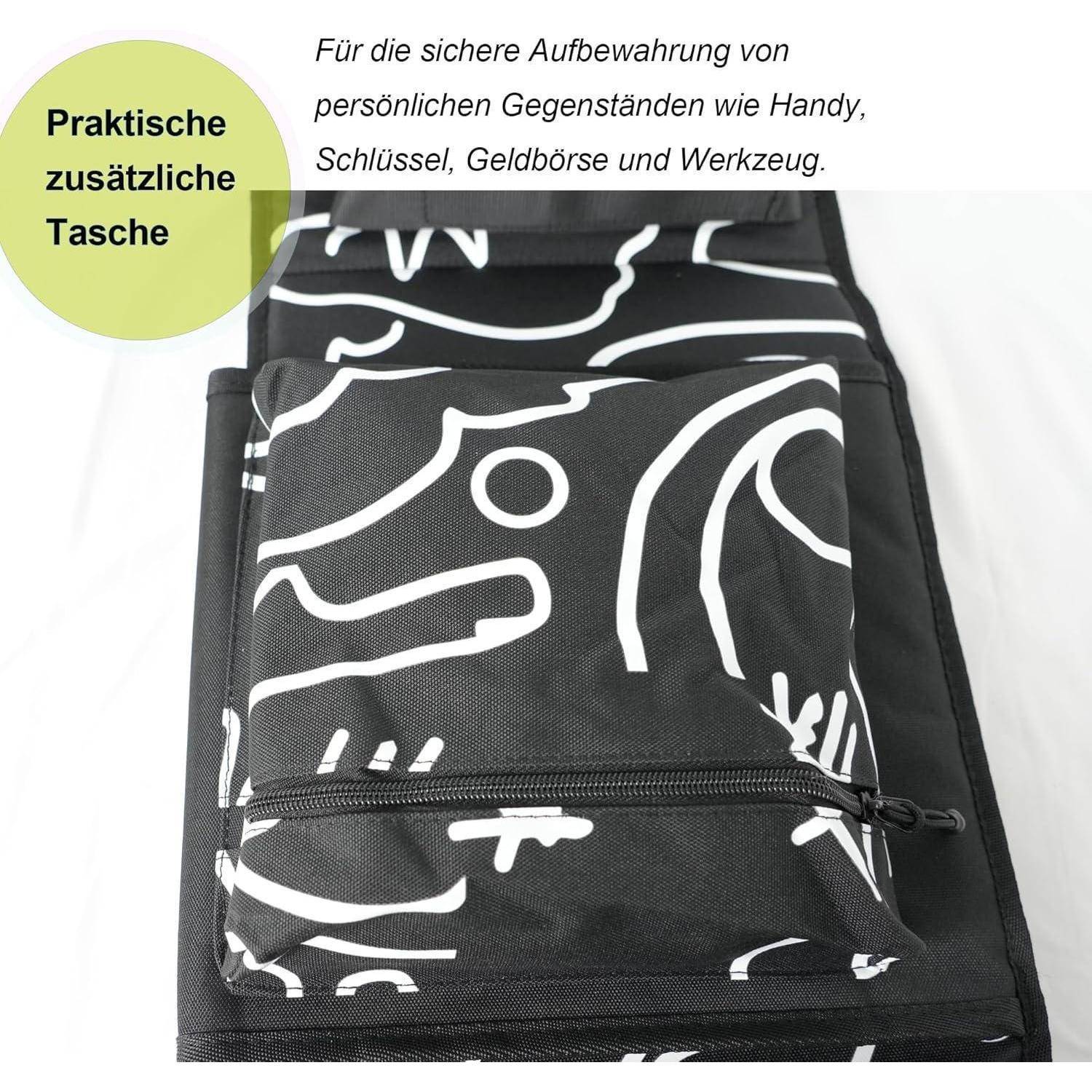 Schwarze gemusterte Zusatztaschenbörse mit Reißverschluss, beschriftet mit „Praktische zusätzliche Tasche", zum Verstauen von Telefon, Schlüsseln, Geldbeutel und Werkzeugen.