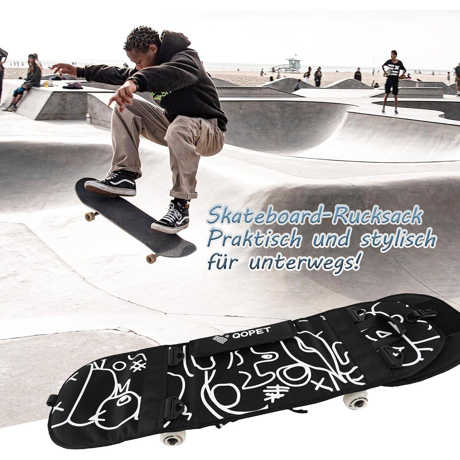 Skateboarder, der einen Sprung im Skatepark macht, mit einem schwarzen Skateboard-Rucksack darunter und deutschem Text: 'Skateboard-Rucksack Praktisch und stilisch für unterwegs!