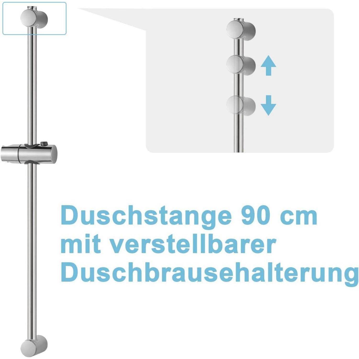 Produktbild einer 90-cm-Duschstange mit verstellbarer Duschbrausehalterung, dargestellt mit Pfeilen nach oben und unten und deutschem Text „Duschstange 90 cm mit verstellbarer Duschbrausehalterung