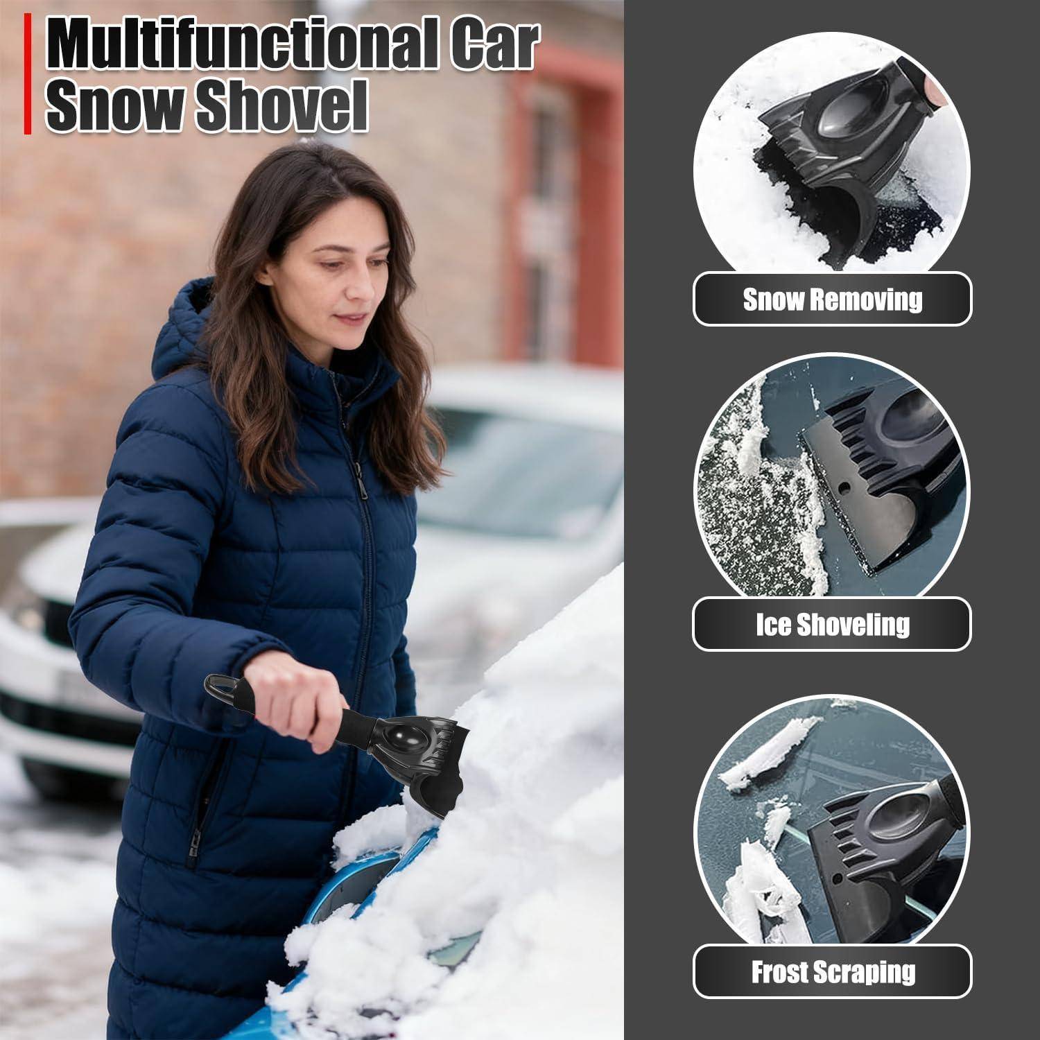 Frau, die einen multifunktionalen Schneeschieber für Autos verwendet, um Schnee von einem Fahrzeug zu entfernen; Detailbilder zeigen die Funktionen zum Schneeräumen, Eisschieben und Reifentauabkratzen.